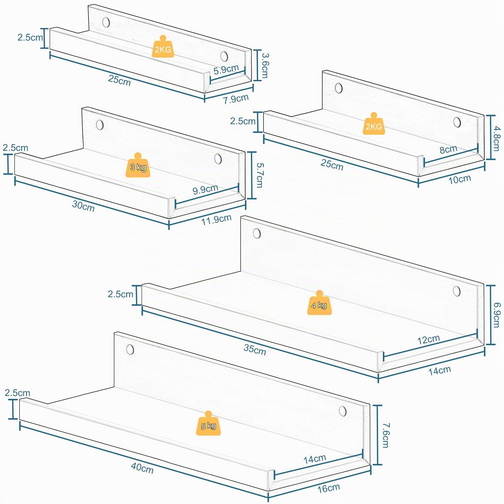 eugad-wandregal-5er-set-wei-mdf-schweberegal-bilderleiste image 3