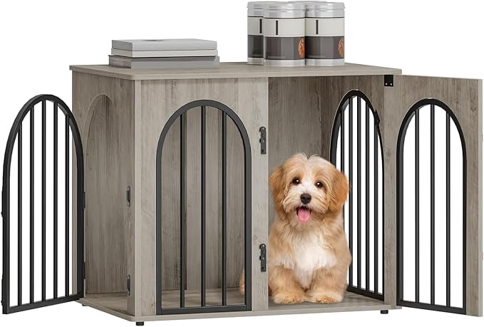 hzuaneri-pet-hundebox-holz-greige-mit-kissen-kleine-hunde image 5