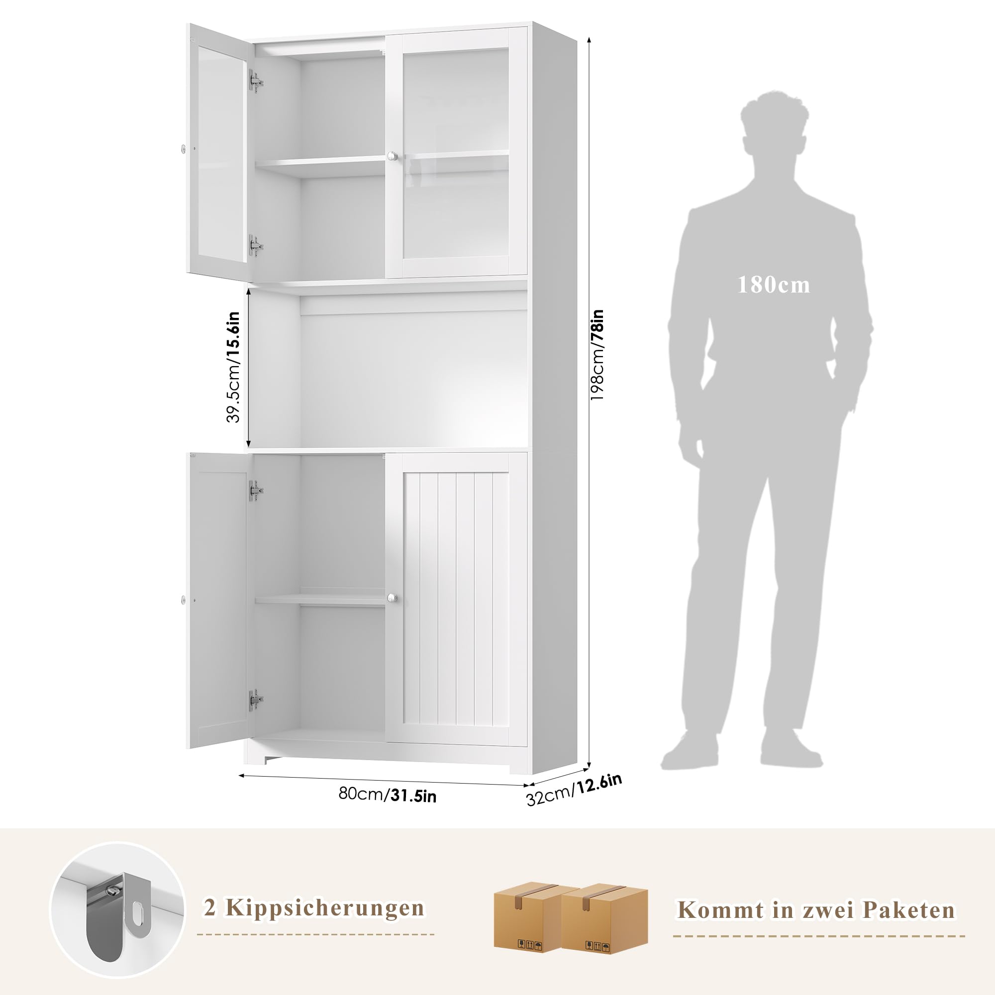 forehill-k-chenschrank-198cm-buffetschrank-vitrine-wei-80cm image 3