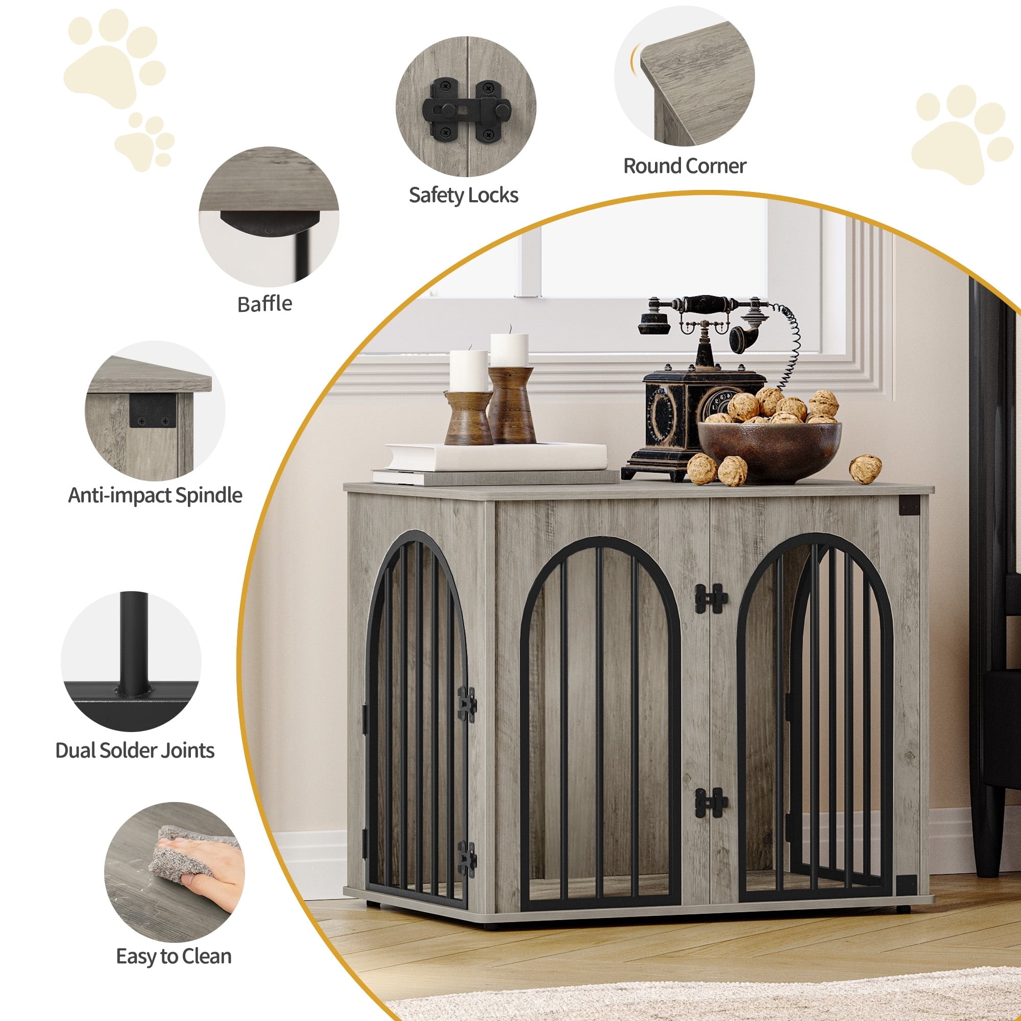 hzuaneri-pet-hundebox-holz-greige-mit-kissen-kleine-hunde image 3