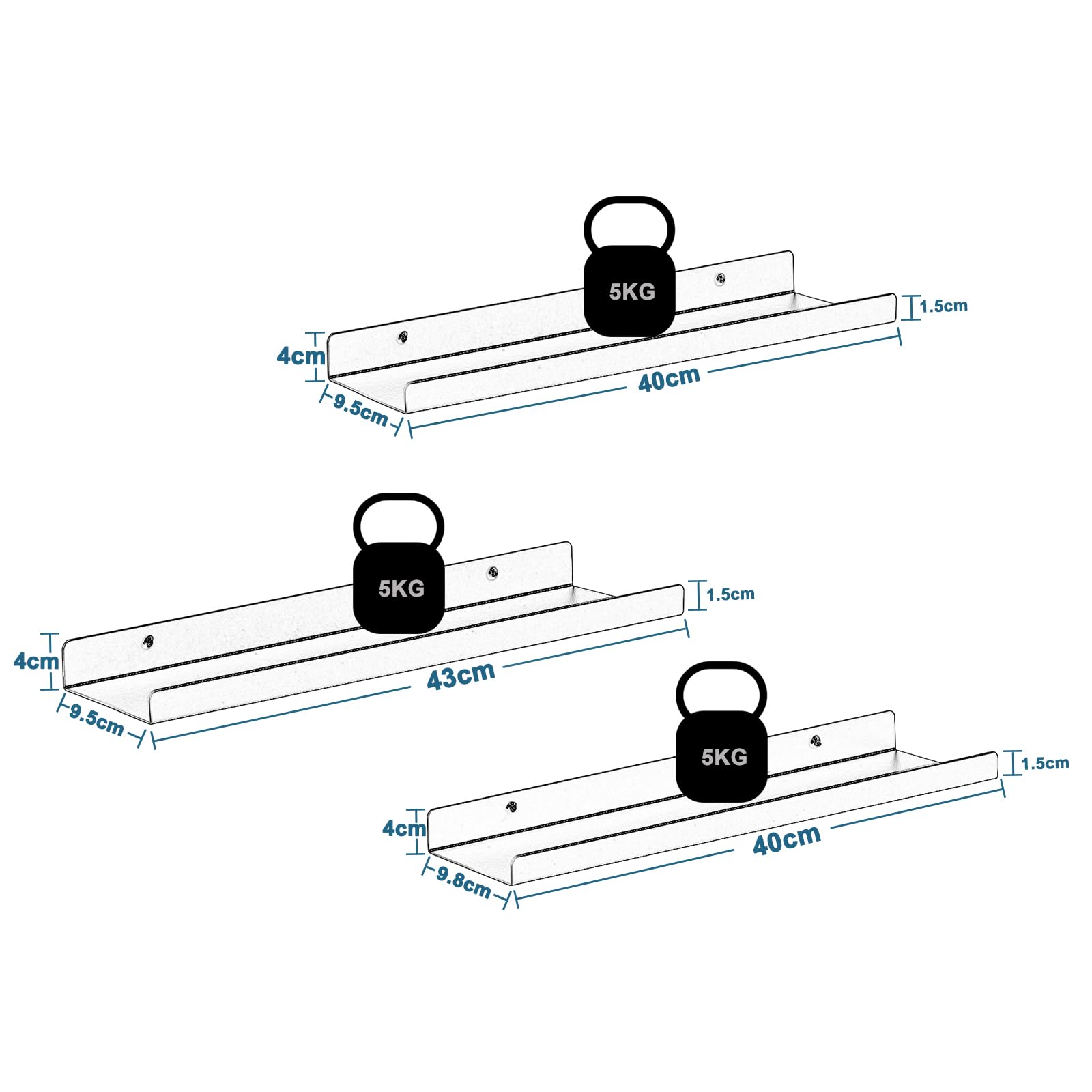 eugad-wandregal-3er-set-schwarz-metall-40cm image 3