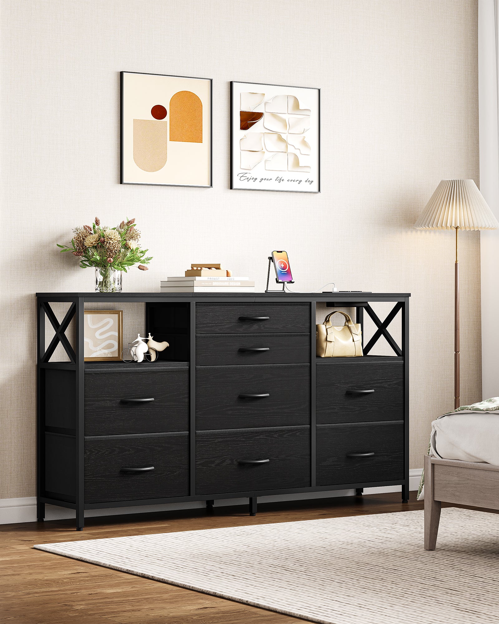 hzuaneri-bedroom-kommode-schwarz-140-cm-usb-8-stoffschubladen image 8