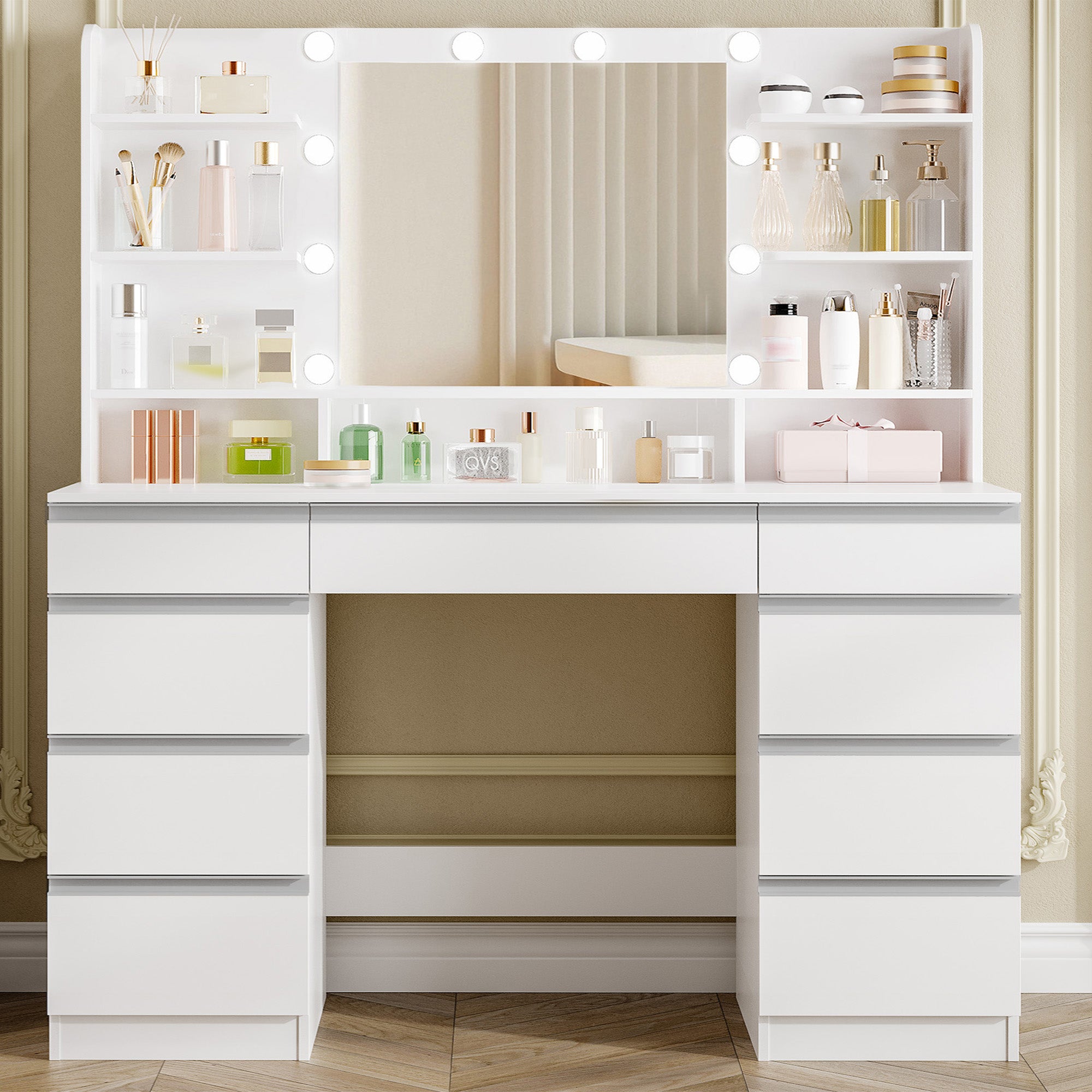 hzuaneri-bedroom-schminktisch-wei-gold-mit-spiegel-led-9-schubladen image 1