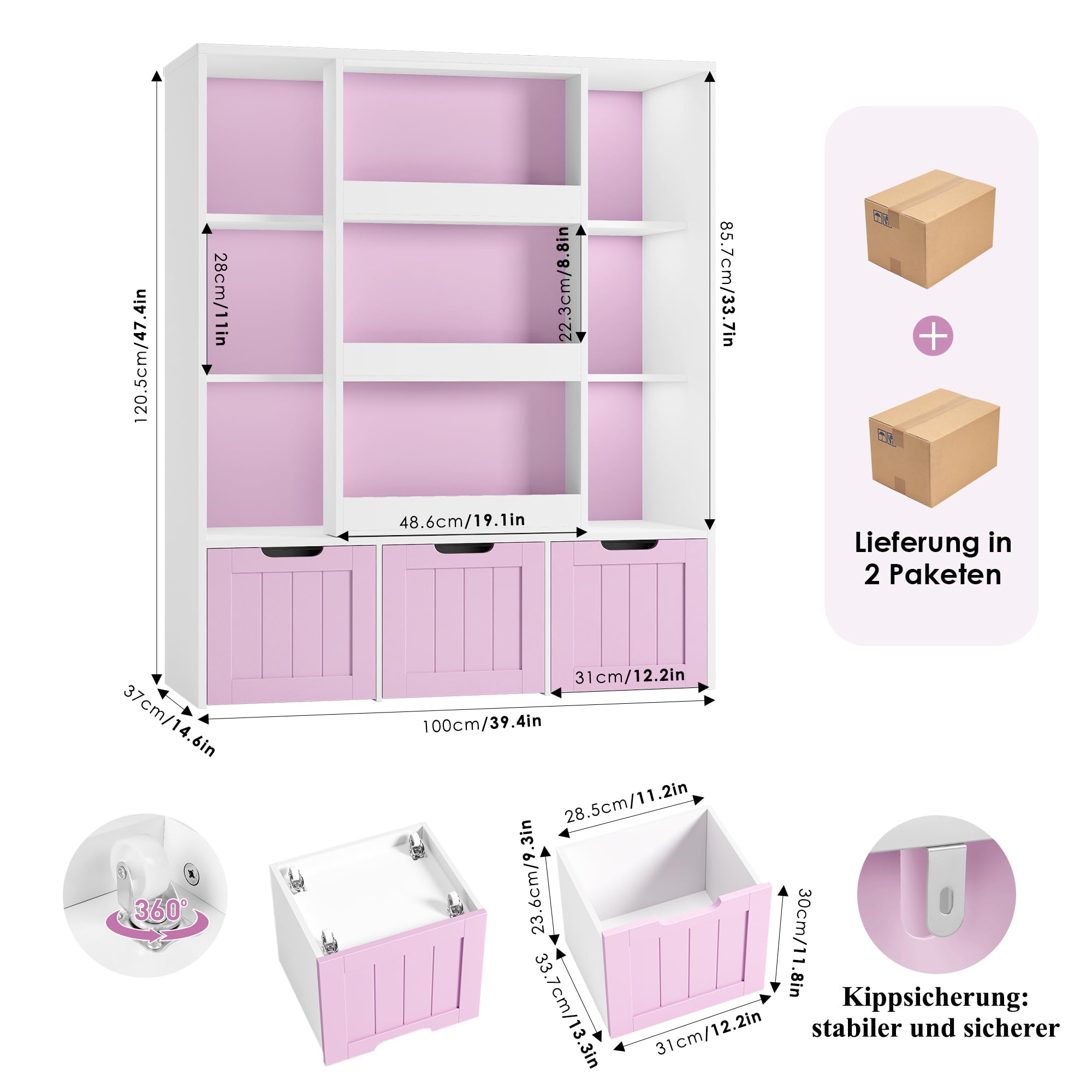 forehill-kinderregal-120cm-b-cherregal-rosa-lila-wei-rollkisten image 3