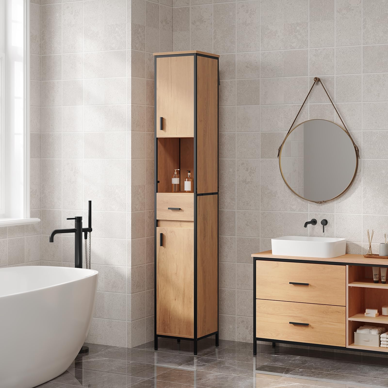 eugad-badezimmerschrank-30x180-schwarz-eiche-mit-schublade image 7