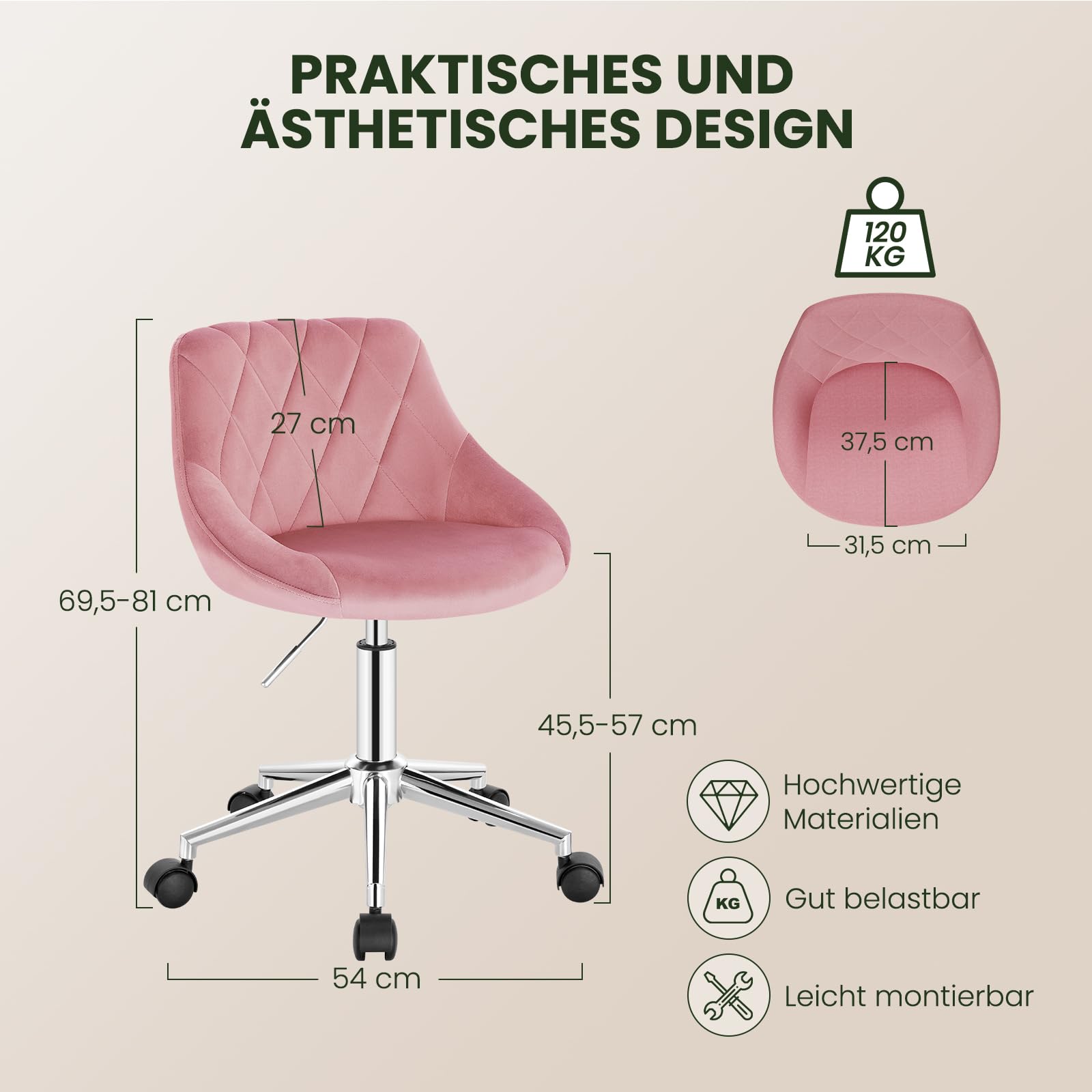 eugad-schminkstuhl-samtstuhl-rosa-drehbar-h-henverstellbar image 3