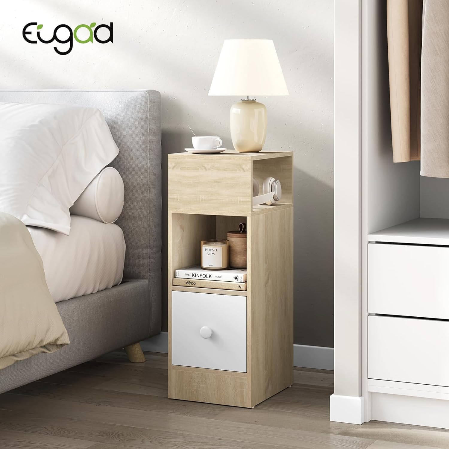 eugad-nachttisch-2er-set-hell-eiche-schmal-mit-schublade-holz image 2