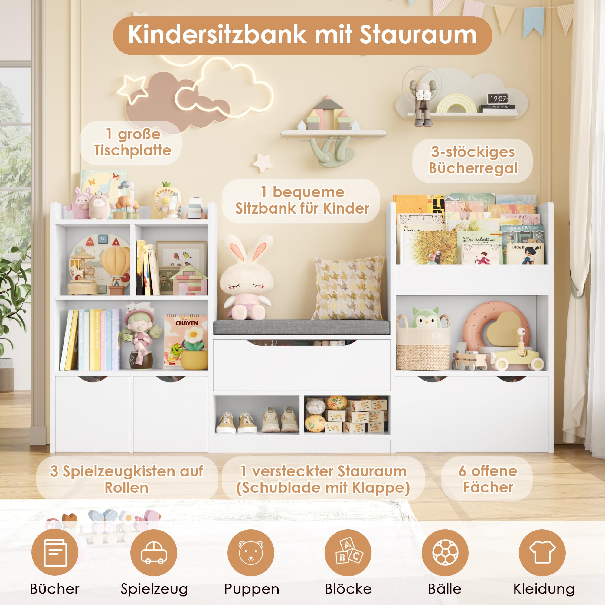 forehill-kinderregal-wei-mit-sitzbank-183-5-cm-8-in-1 image 5