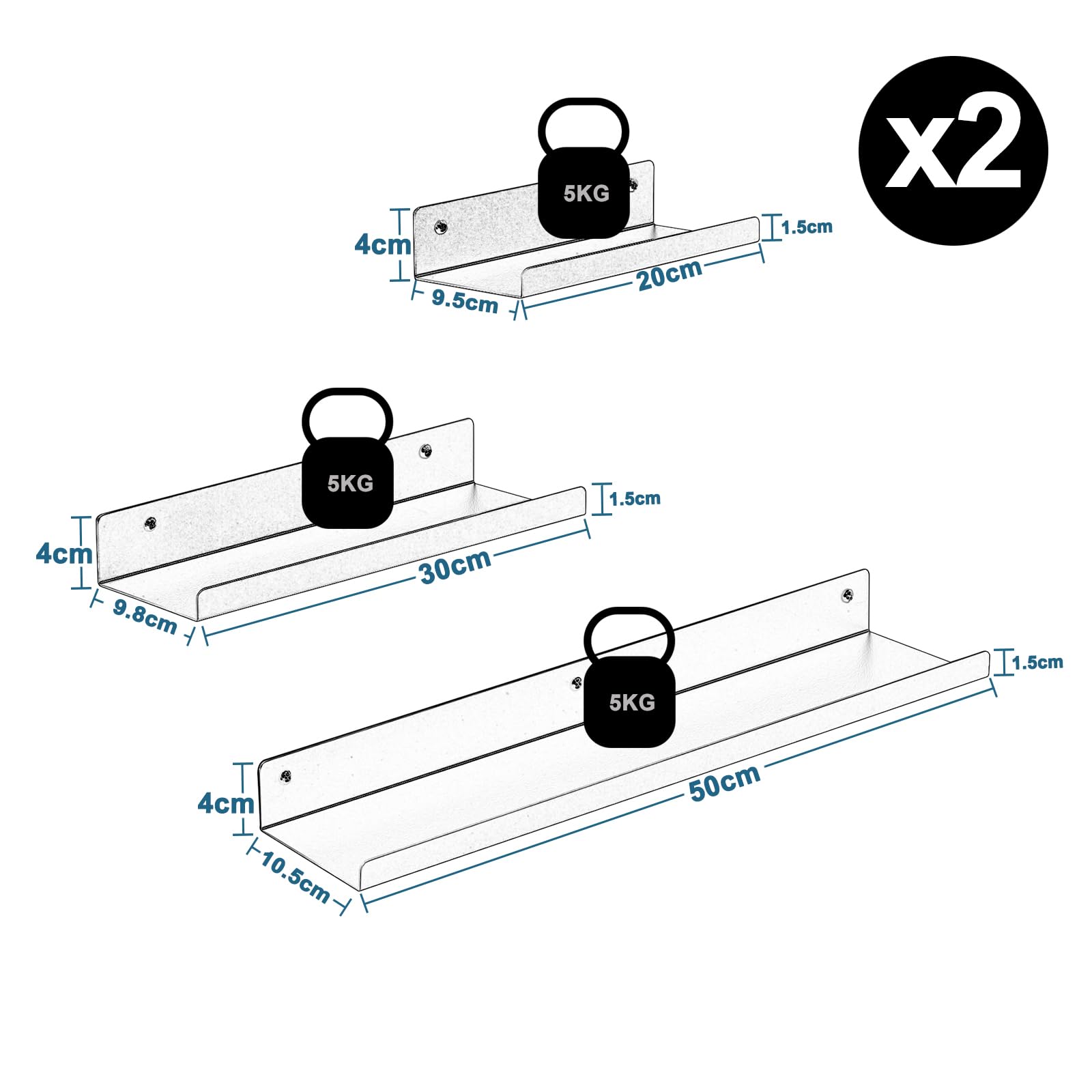 eugad-wandregal-6er-set-metall-schwarz-schweberegal-20-50cm image 3