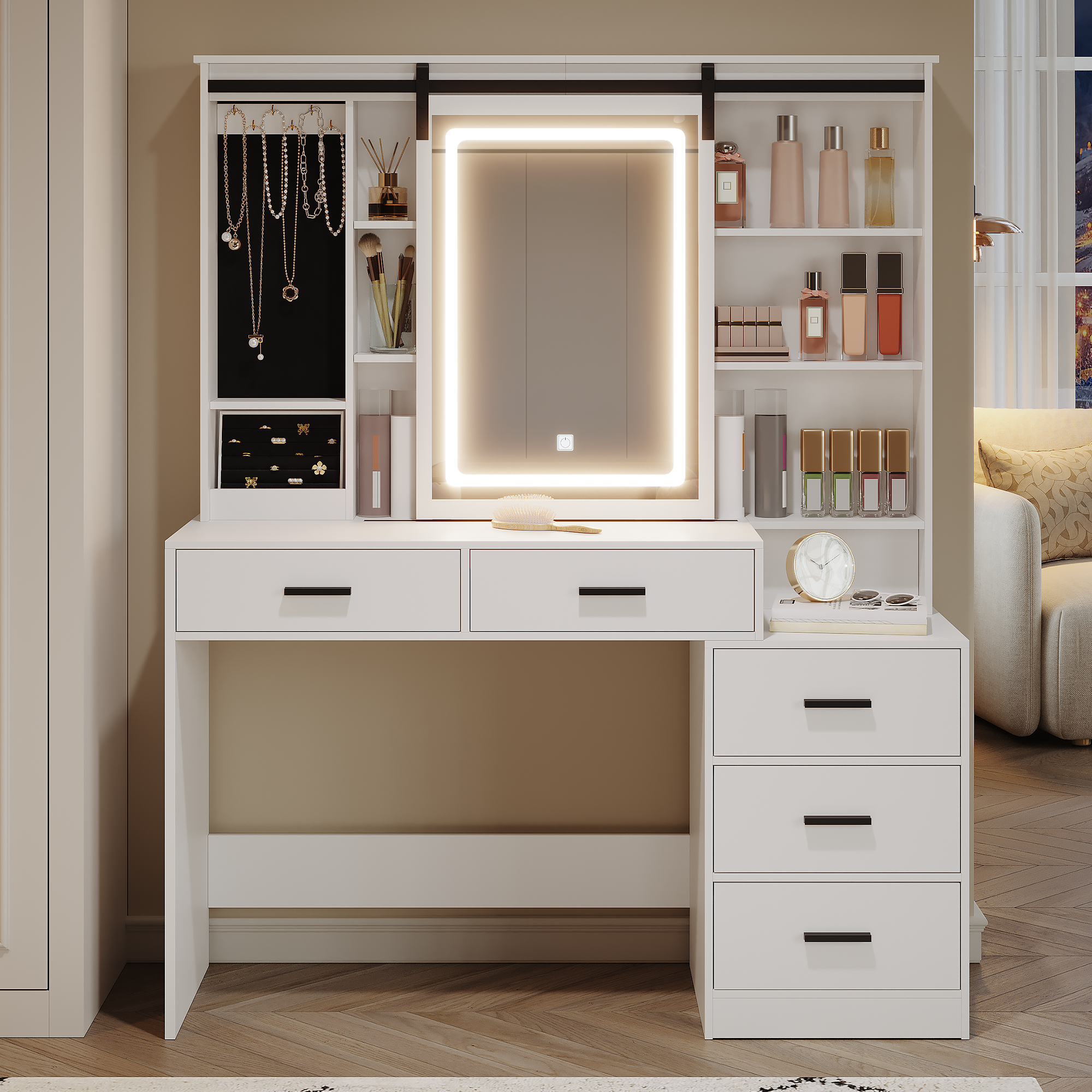 hzuaneri-bedroom-schminktisch-wei-led-spiegel-5-schubladen-dt33103x image 4