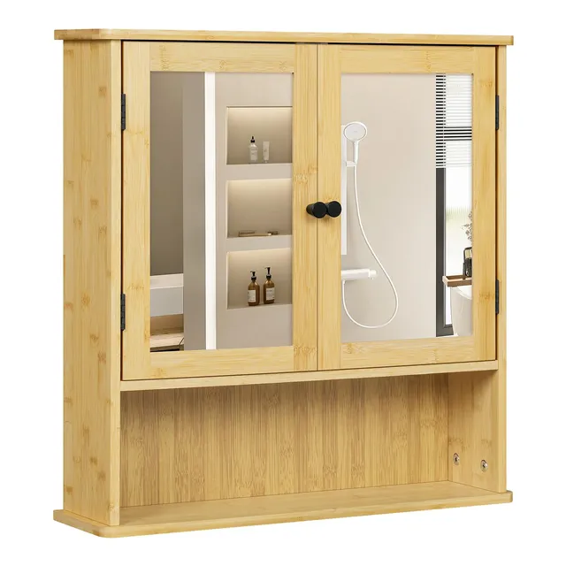 eugad-badezimmerschrank-bambus-mit-spiegel-56x58x14-cm image 1