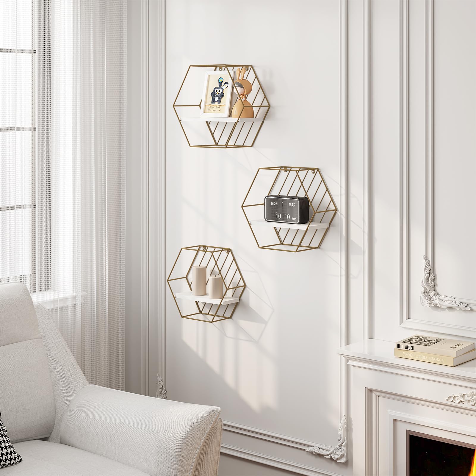 eugad-wandregal-3er-set-hexagon-wei-gold-schweberegal image 6