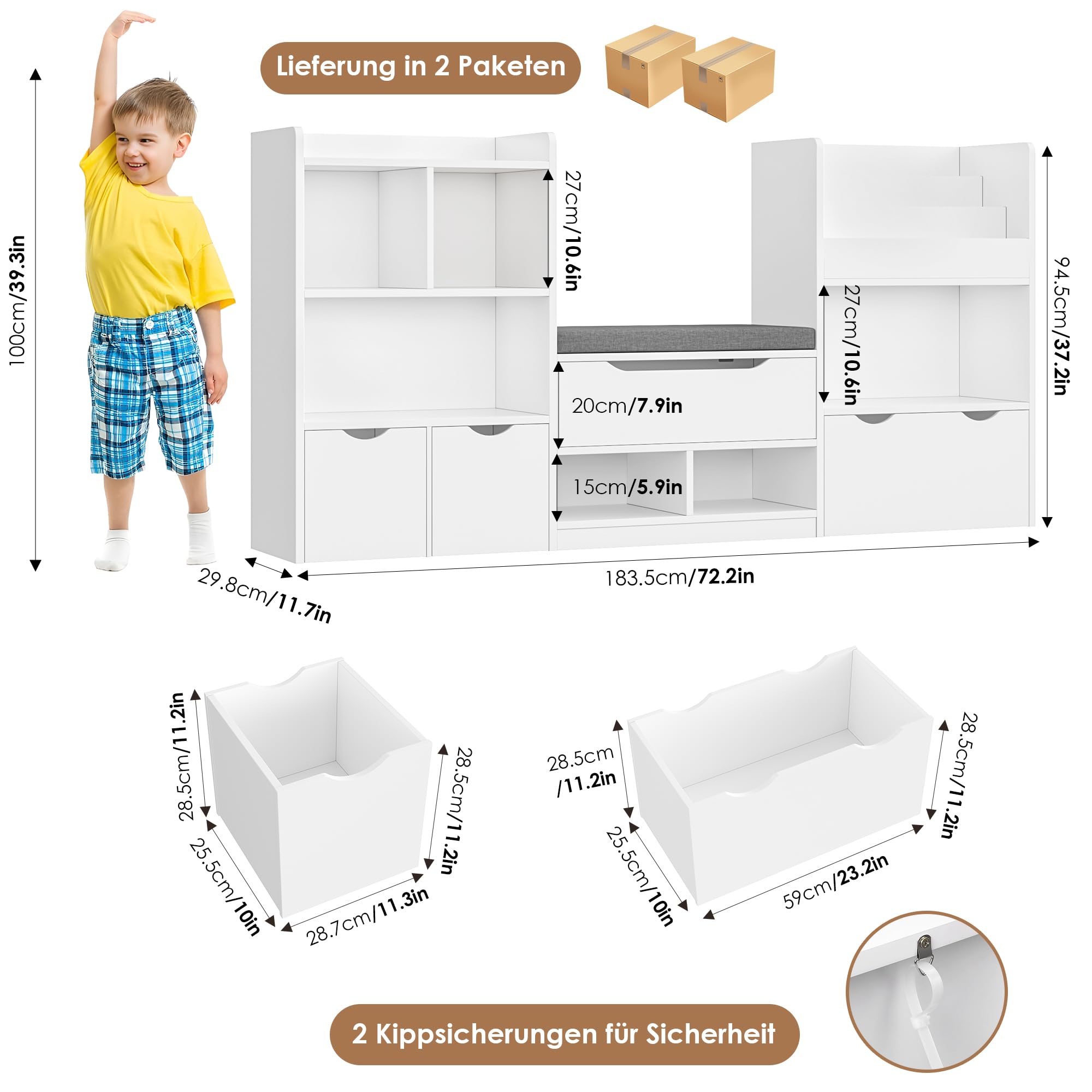 forehill-kinderregal-wei-mit-sitzbank-183-5-cm-8-in-1 image 3