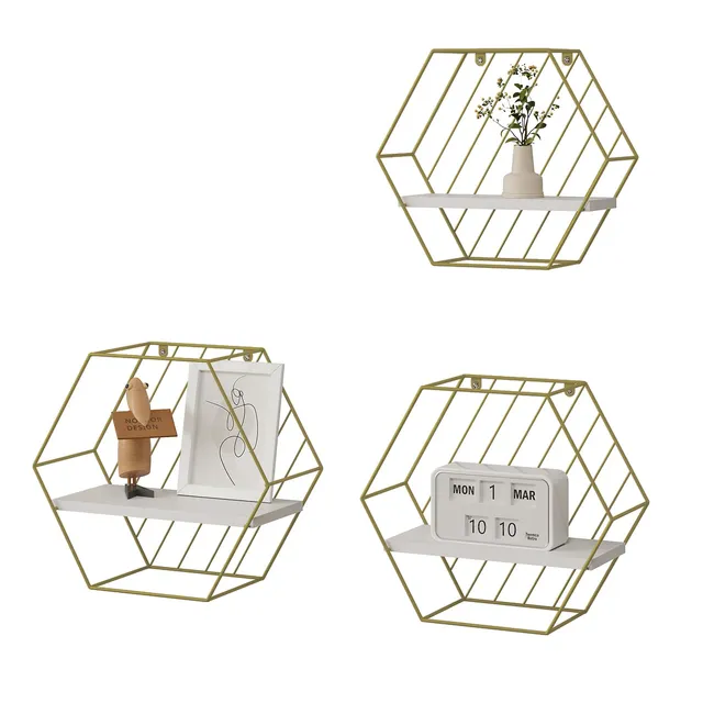 eugad-wandregal-3er-set-hexagon-wei-gold-schweberegal image 1