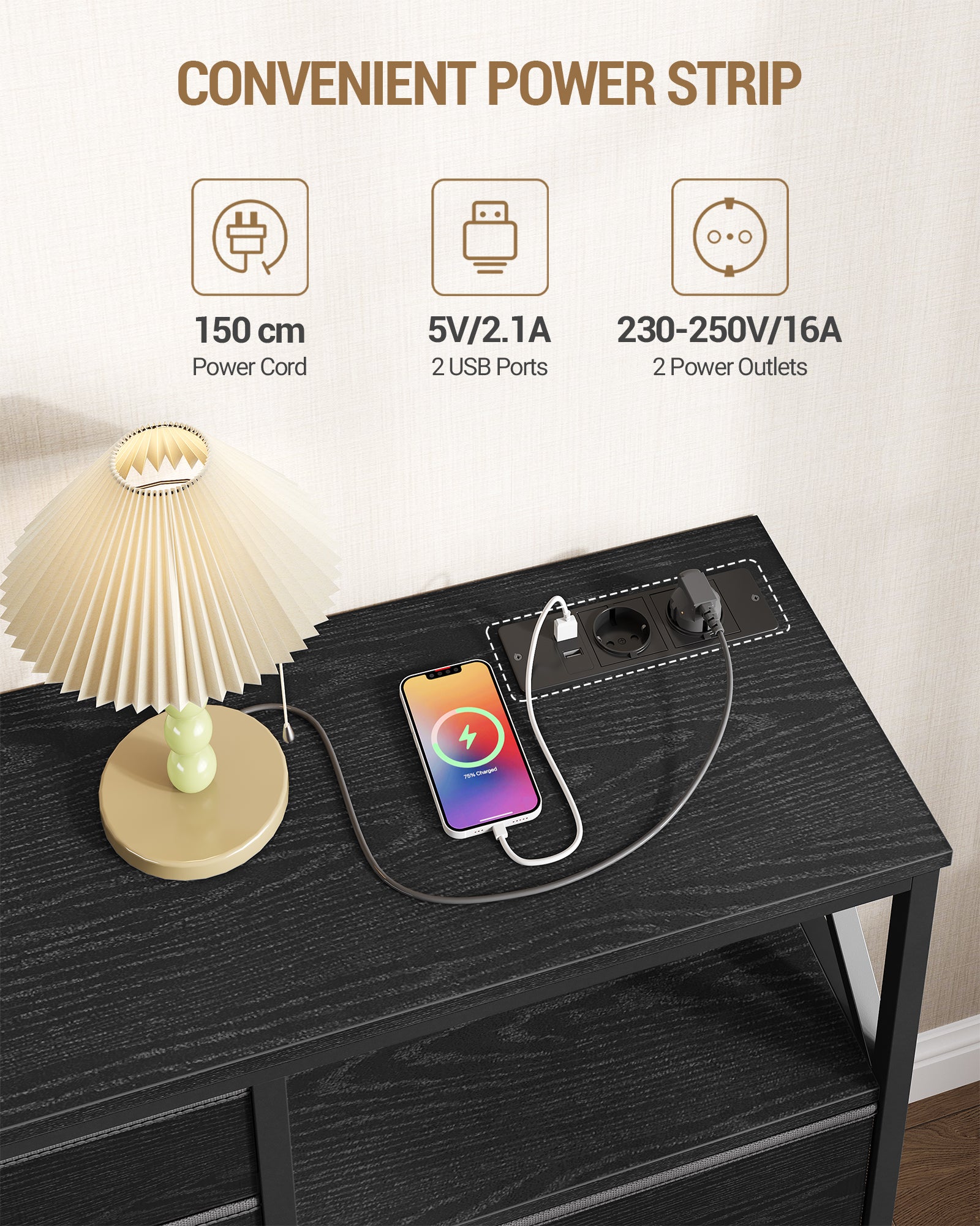 hzuaneri-bedroom-kommode-schwarz-140-cm-usb-8-stoffschubladen image 3