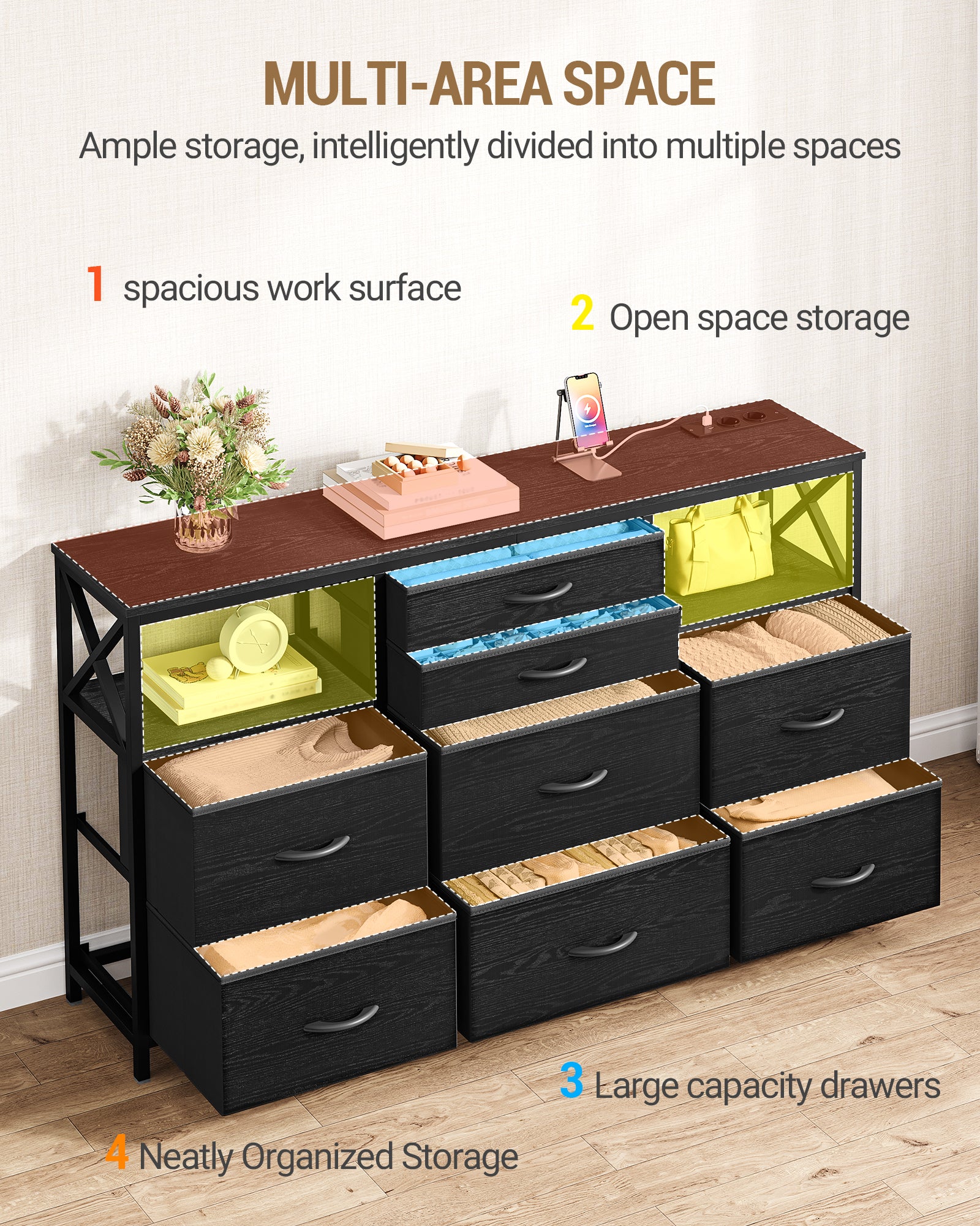 hzuaneri-bedroom-kommode-schwarz-140-cm-usb-8-stoffschubladen image 4