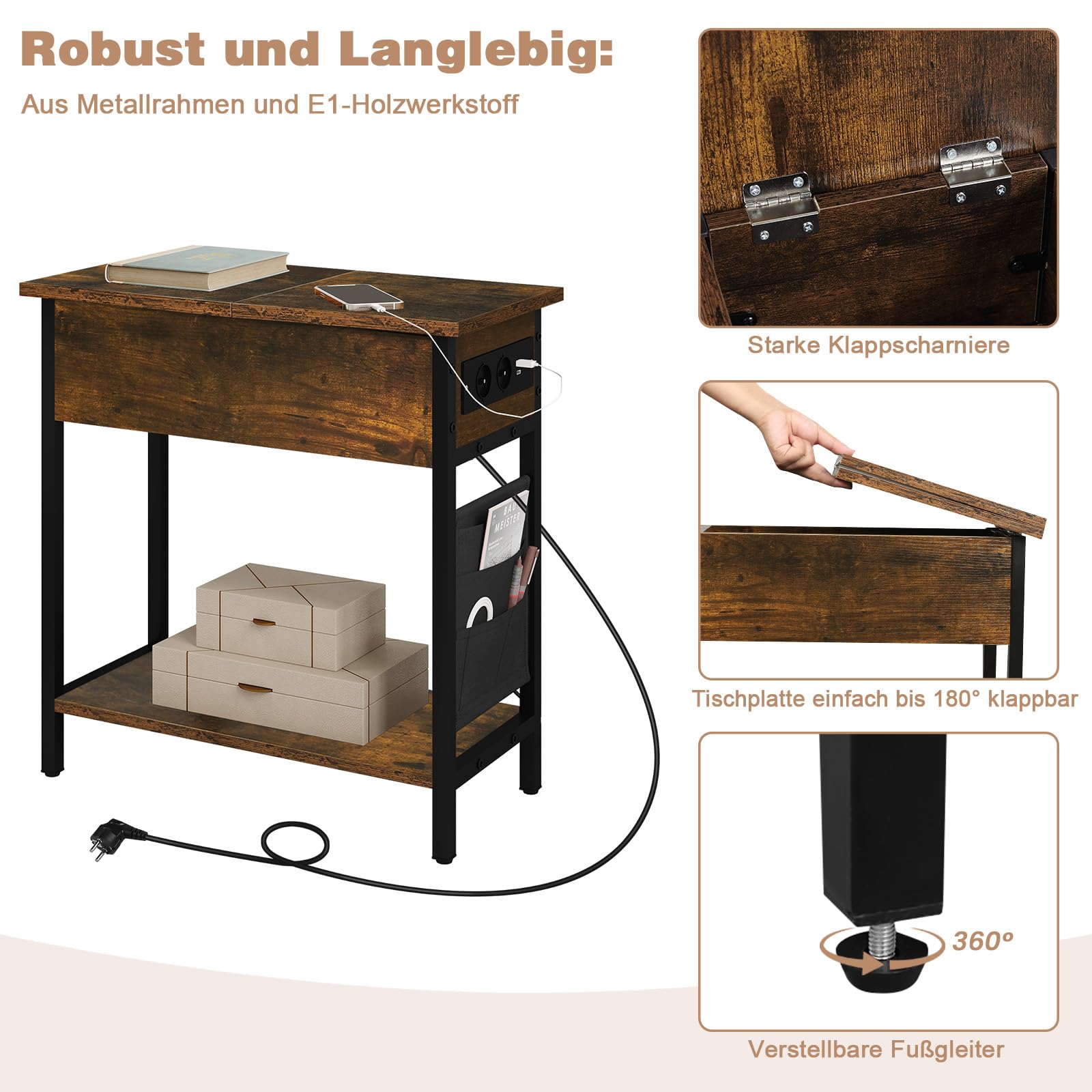 eugad-wohnaccessoires-beistelltisch-vintagebraun-mit-steckdose-usb image 6