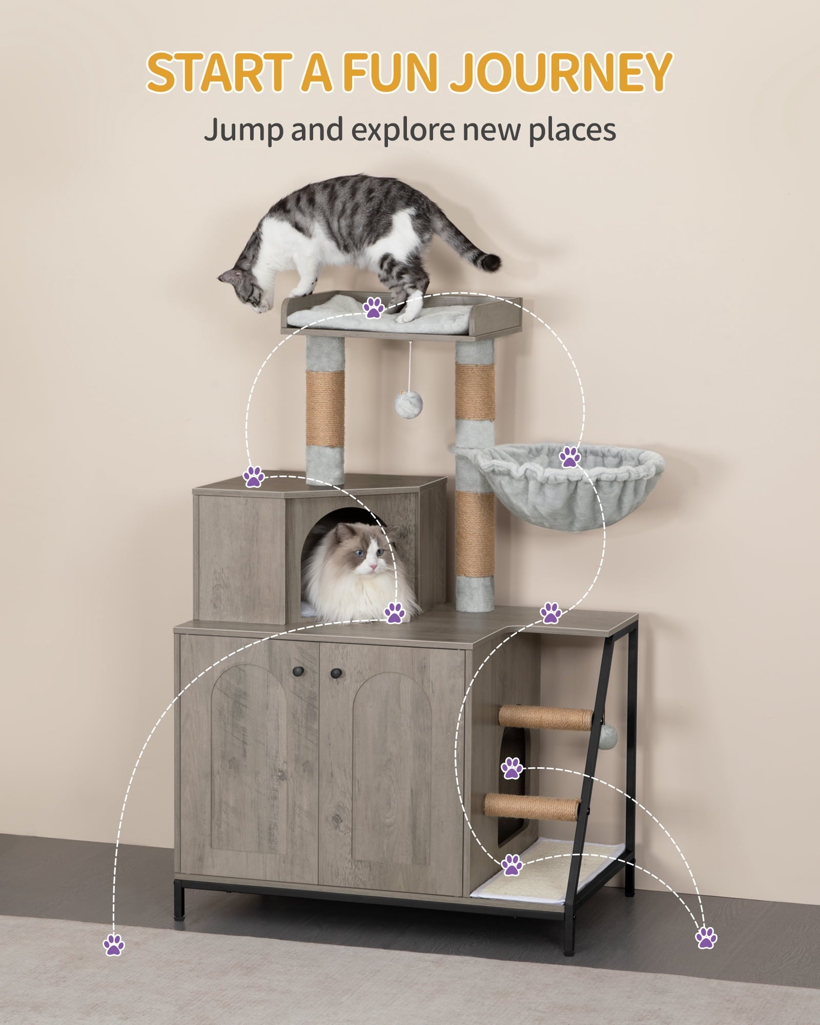 hzuaneri-pet-katzenklo-schrank-greige-4-in-1-kratzbaum image 2
