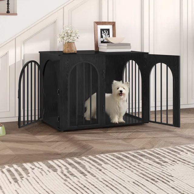 hzuaneri-pet-hundebox-m-bel-schwarz-holz-mit-kissen-klein image 1