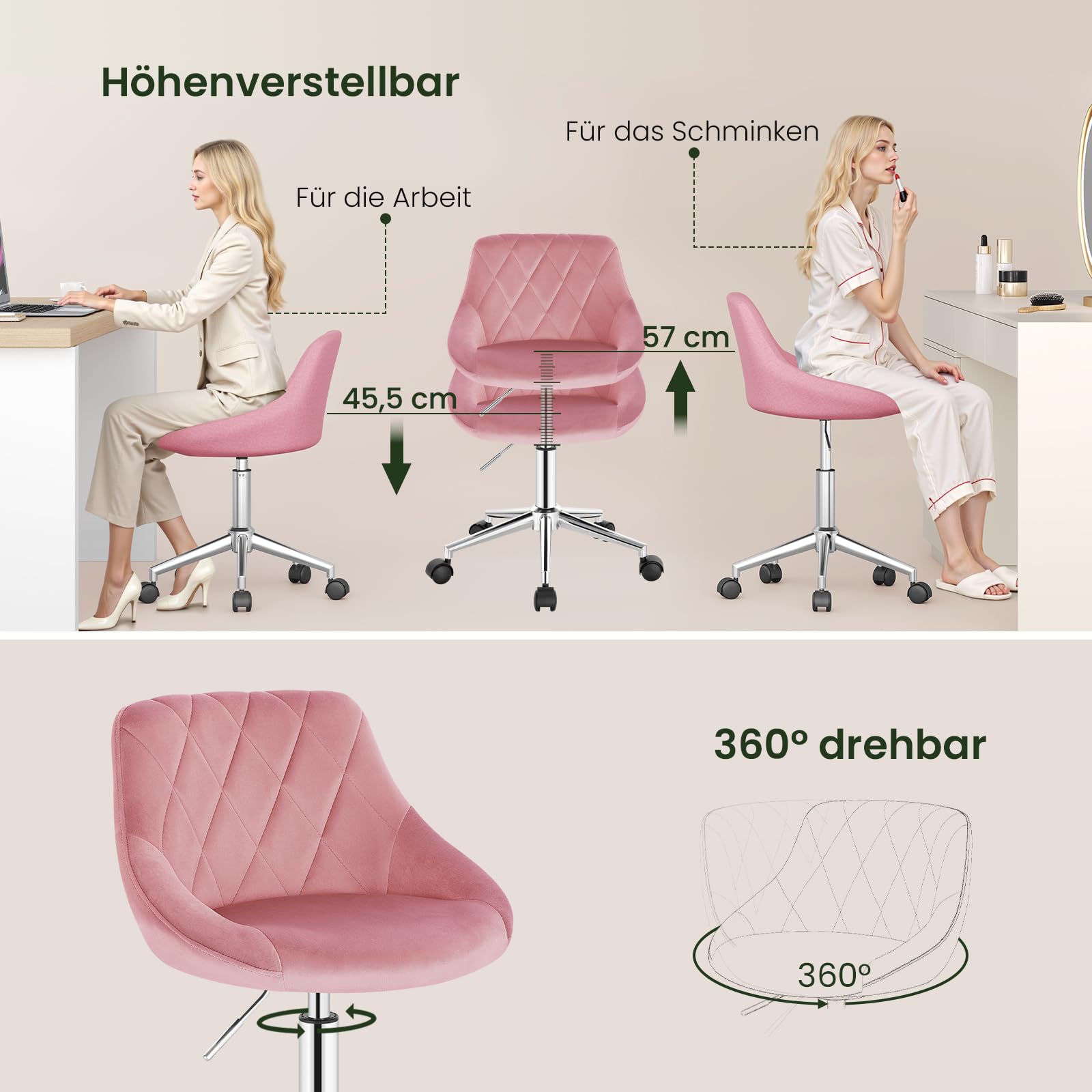 eugad-schminkstuhl-samtstuhl-rosa-drehbar-h-henverstellbar image 6