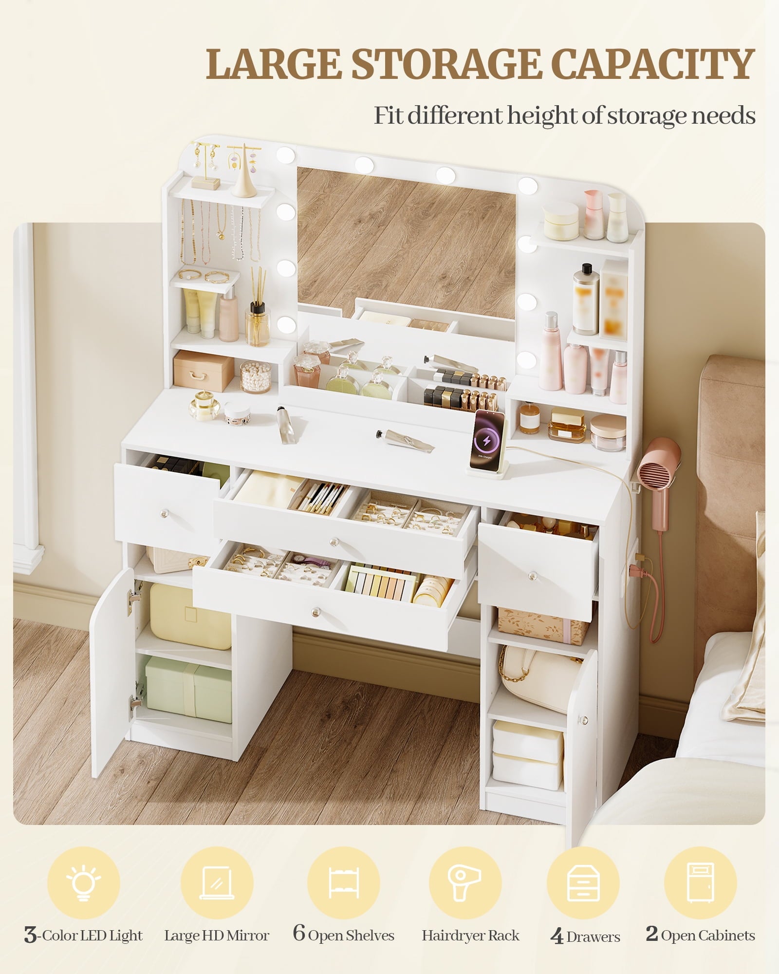 hzuaneri-bedroom-schminktisch-wei-mit-led-spiegel-4-schubladen image 7