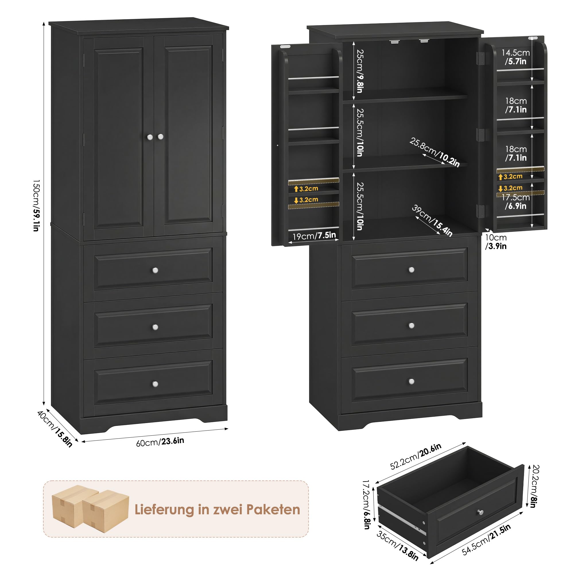 forehill-vorratsschrank-k-chenschrank-schwarz-3-schubladen-8-f-cher image 3