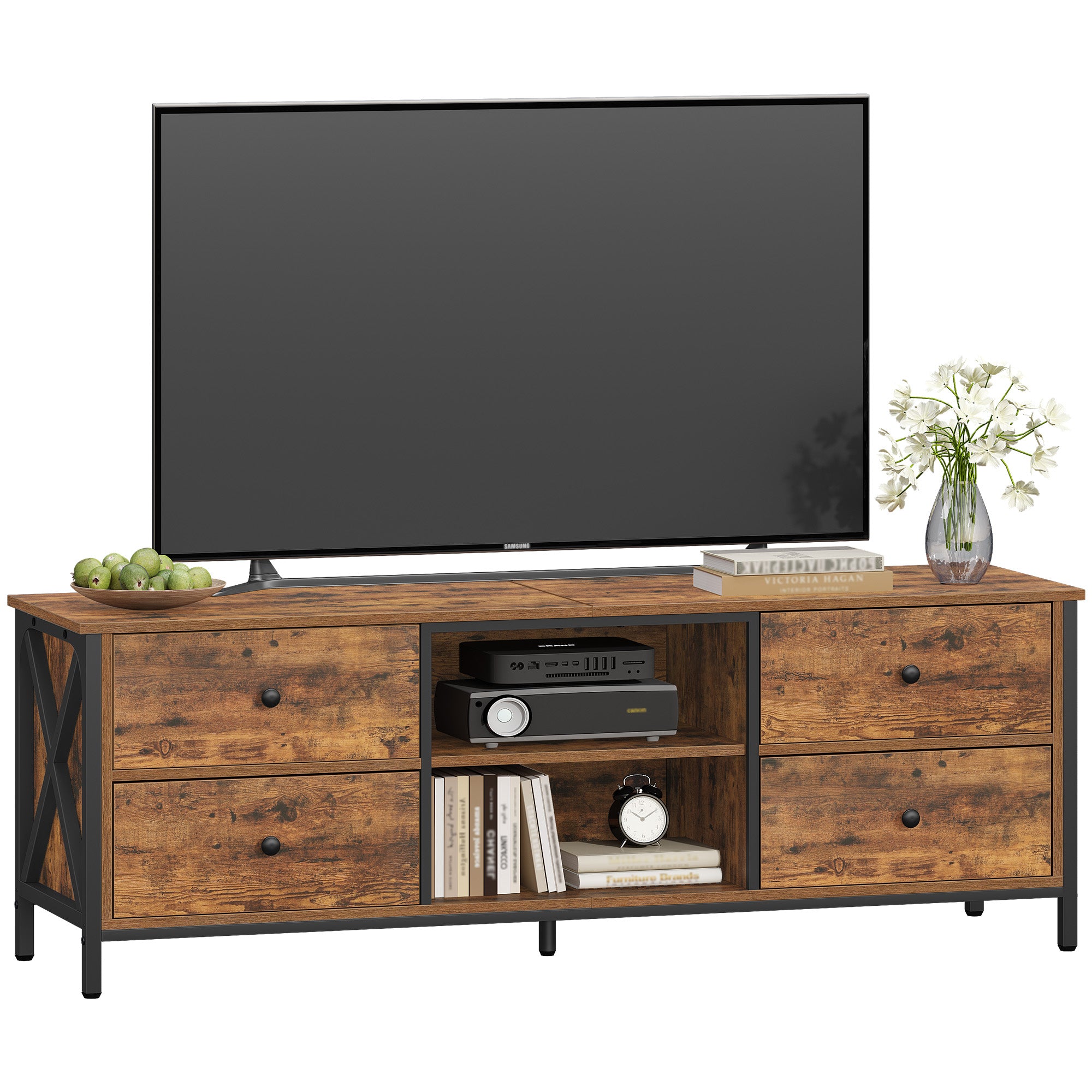 hzuaneri-tv16801b-tv-schrank-vintage-braun-147-cm-4-schubladen image 1