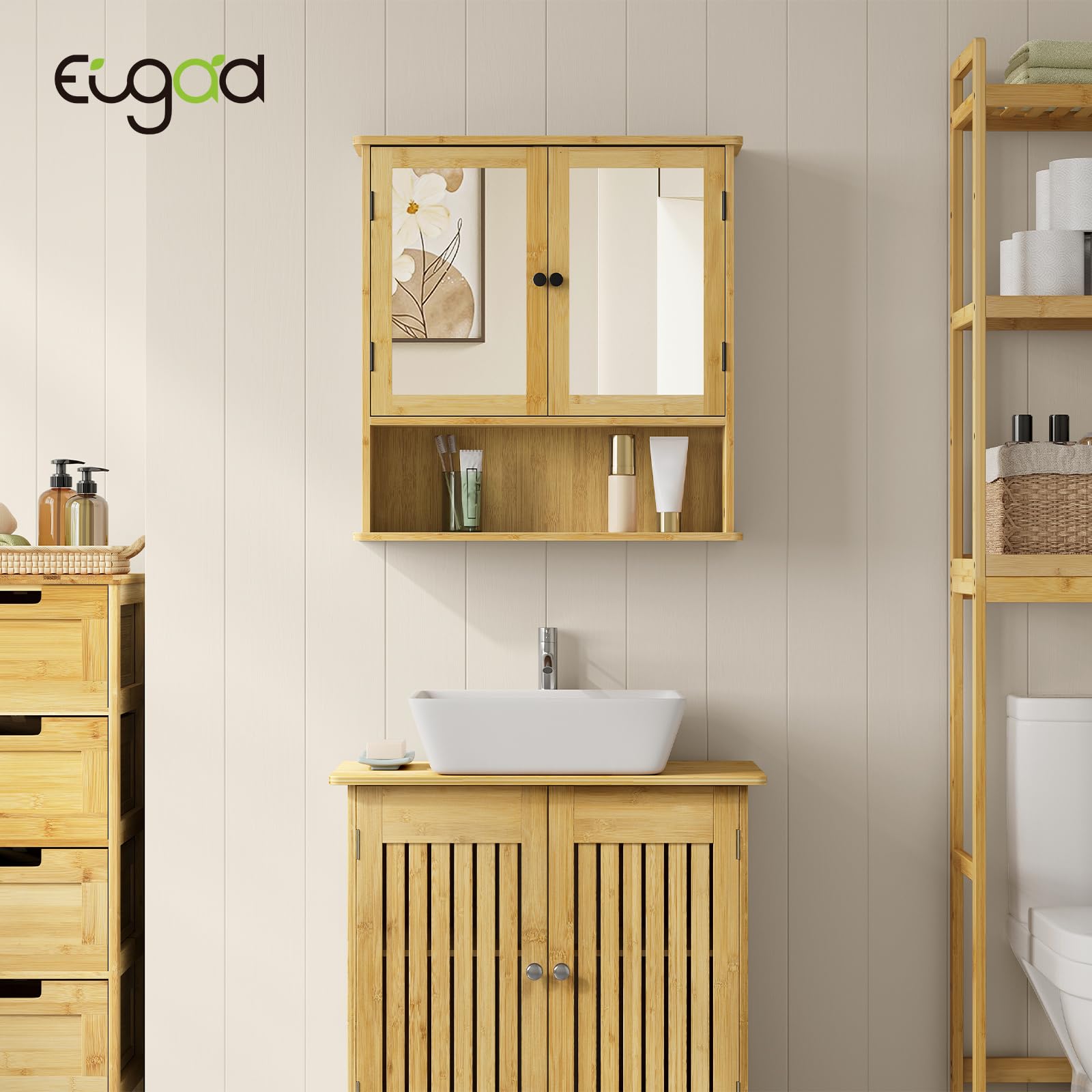 eugad-badezimmerschrank-bambus-mit-spiegel-56x58x14-cm image 2
