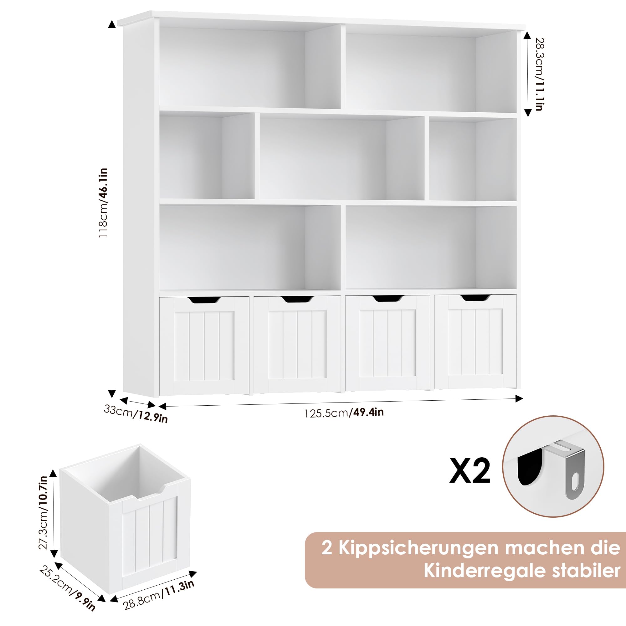 forehill-kinderregal-125cm-wei-spielzeugregal-7-f-cher-4-boxen image 3