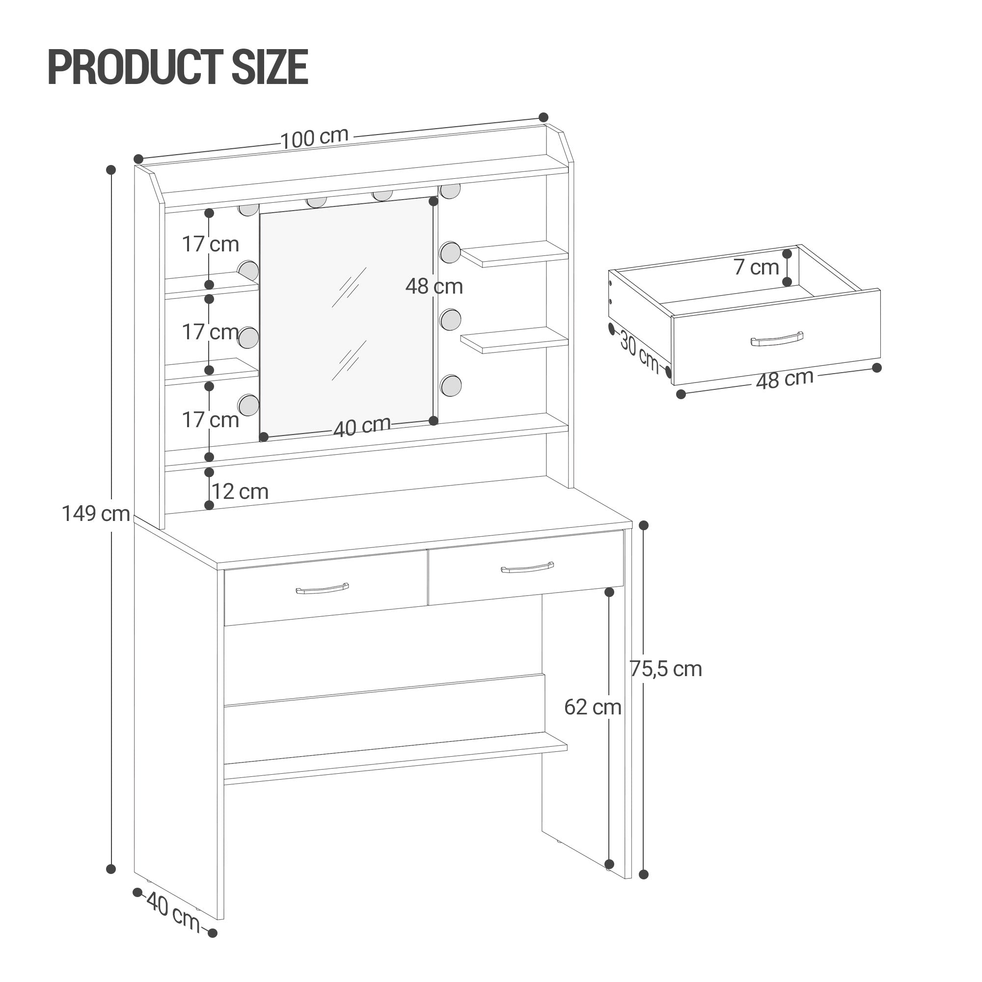 hzuaneri-bedroom-schminktisch-mit-spiegel-wei-2-schubladen-dimmbar image 3