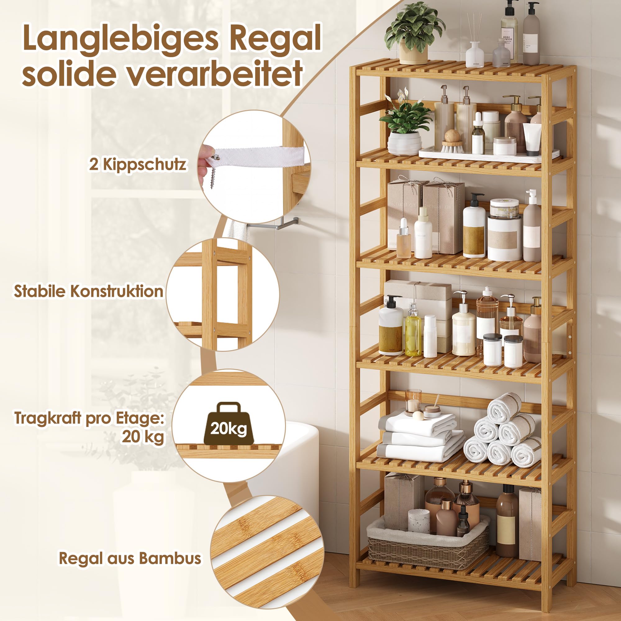 forehill-bathroom-shelf-badregal-6-ablagen-natur-bambus-161-cm image 7