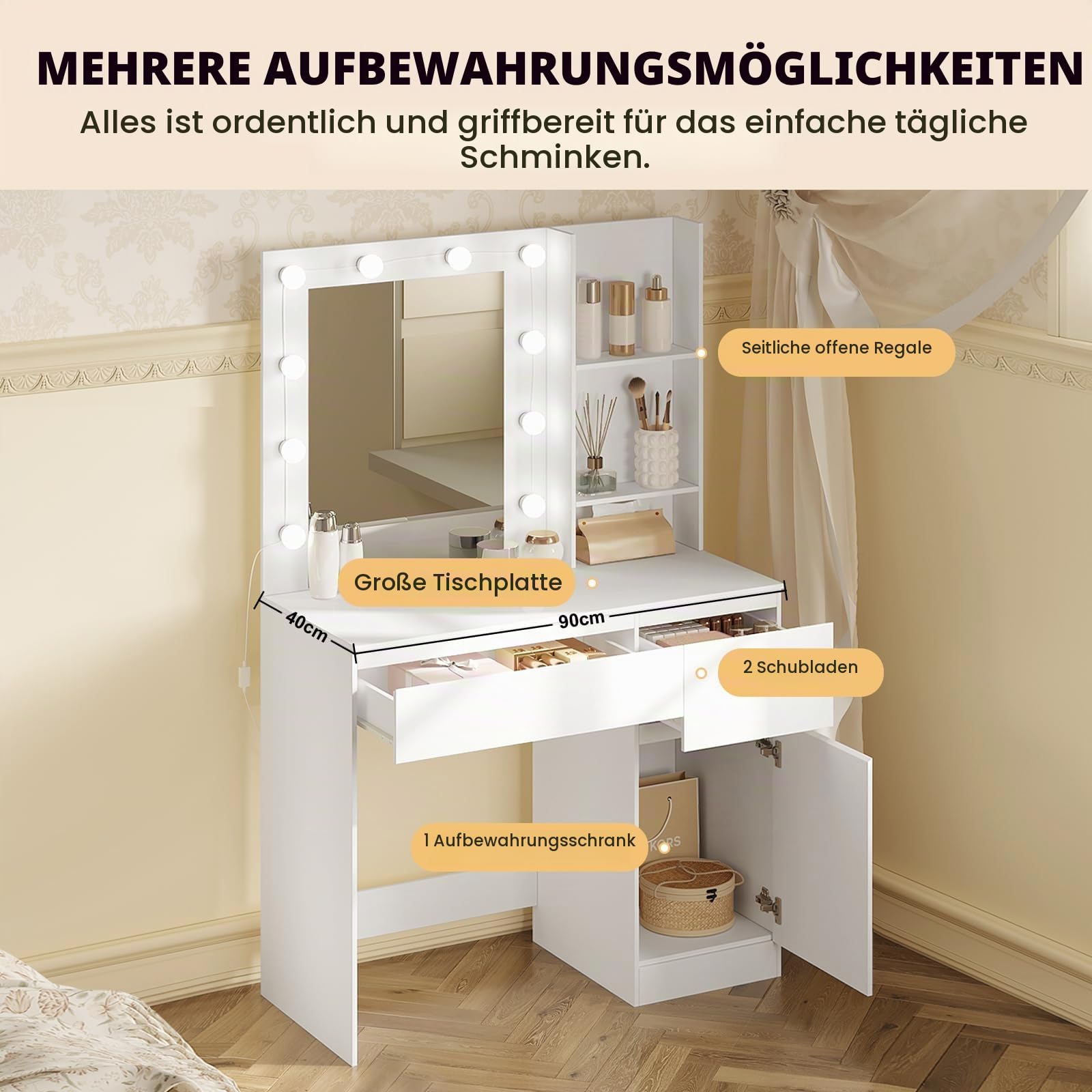 eugad-schminktisch-wei-90cm-mit-spiegel-led-frisiertisch image 2
