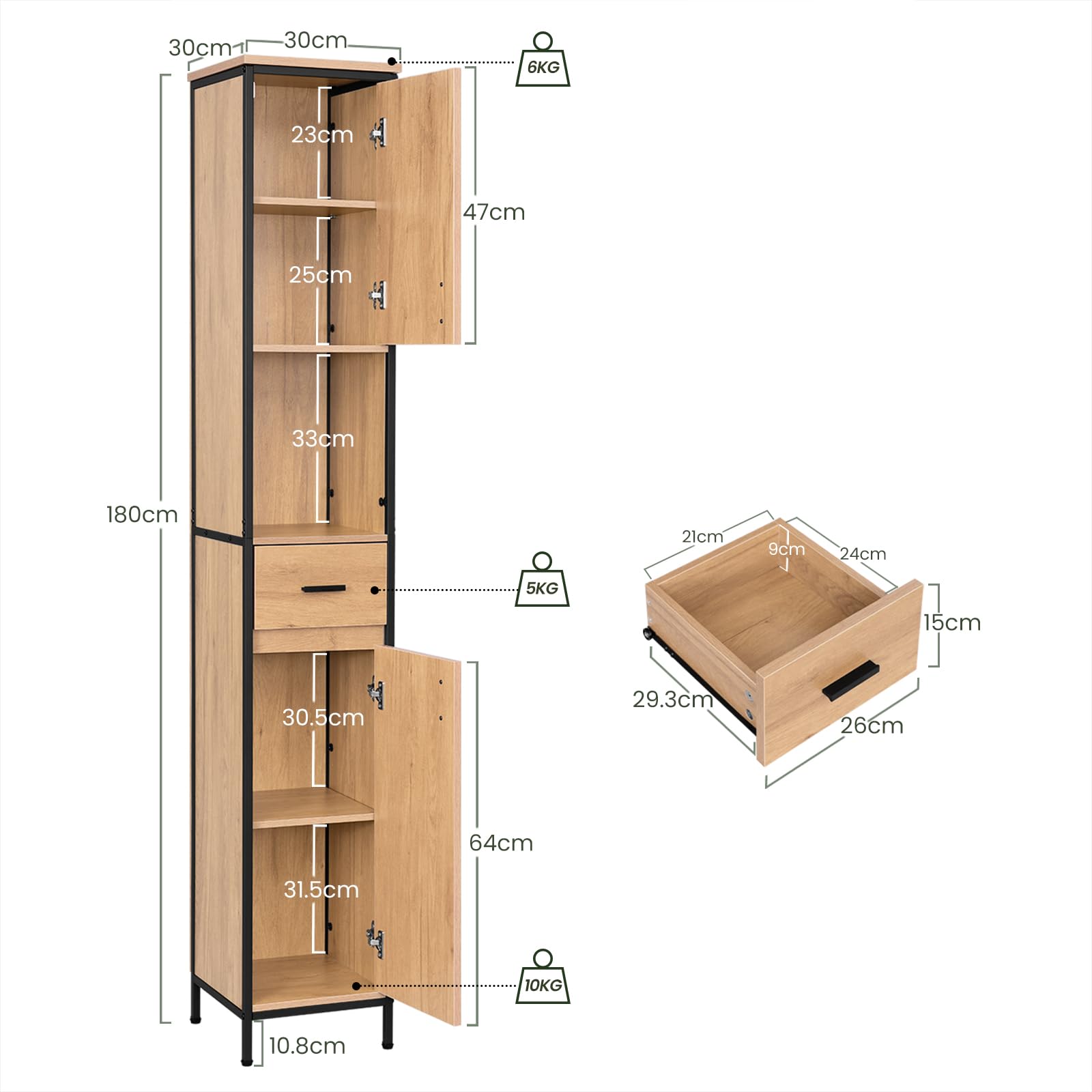 eugad-badezimmerschrank-30x180-schwarz-eiche-mit-schublade image 3