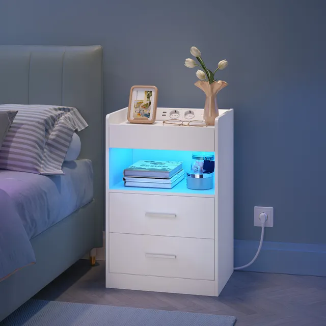 hzuaneri-bedroom-nachttisch-wei-led-usb-2-schubladen-35x40x64-cm image 1
