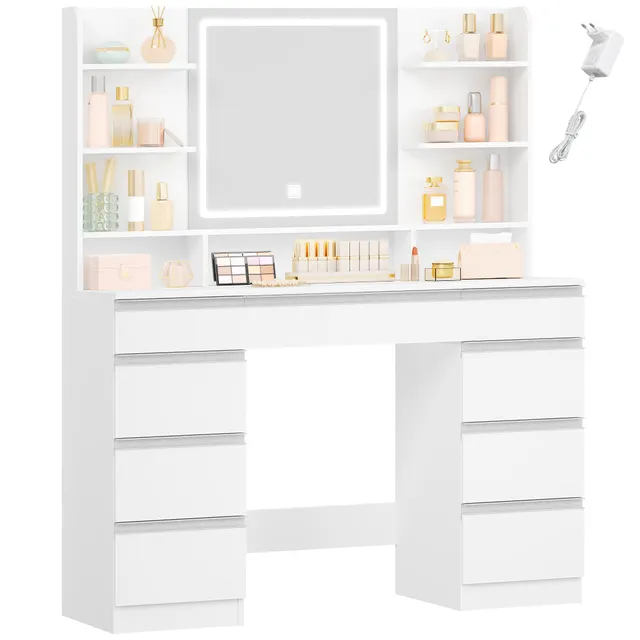 hzuaneri-bedroom-schminktisch-led-spiegel-wei-silber-9-schubladen image 1