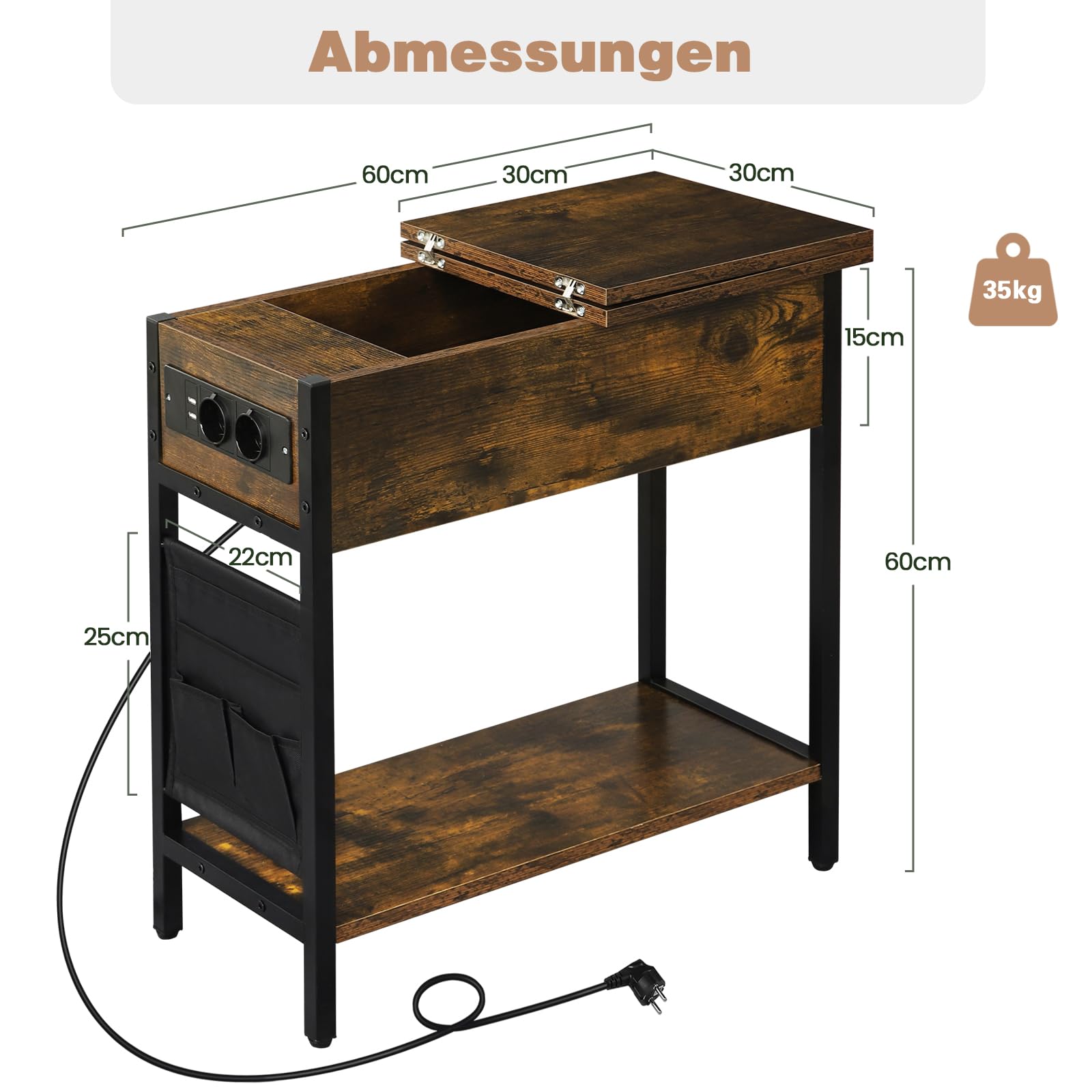 eugad-wohnaccessoires-beistelltisch-vintagebraun-mit-steckdose-usb image 3
