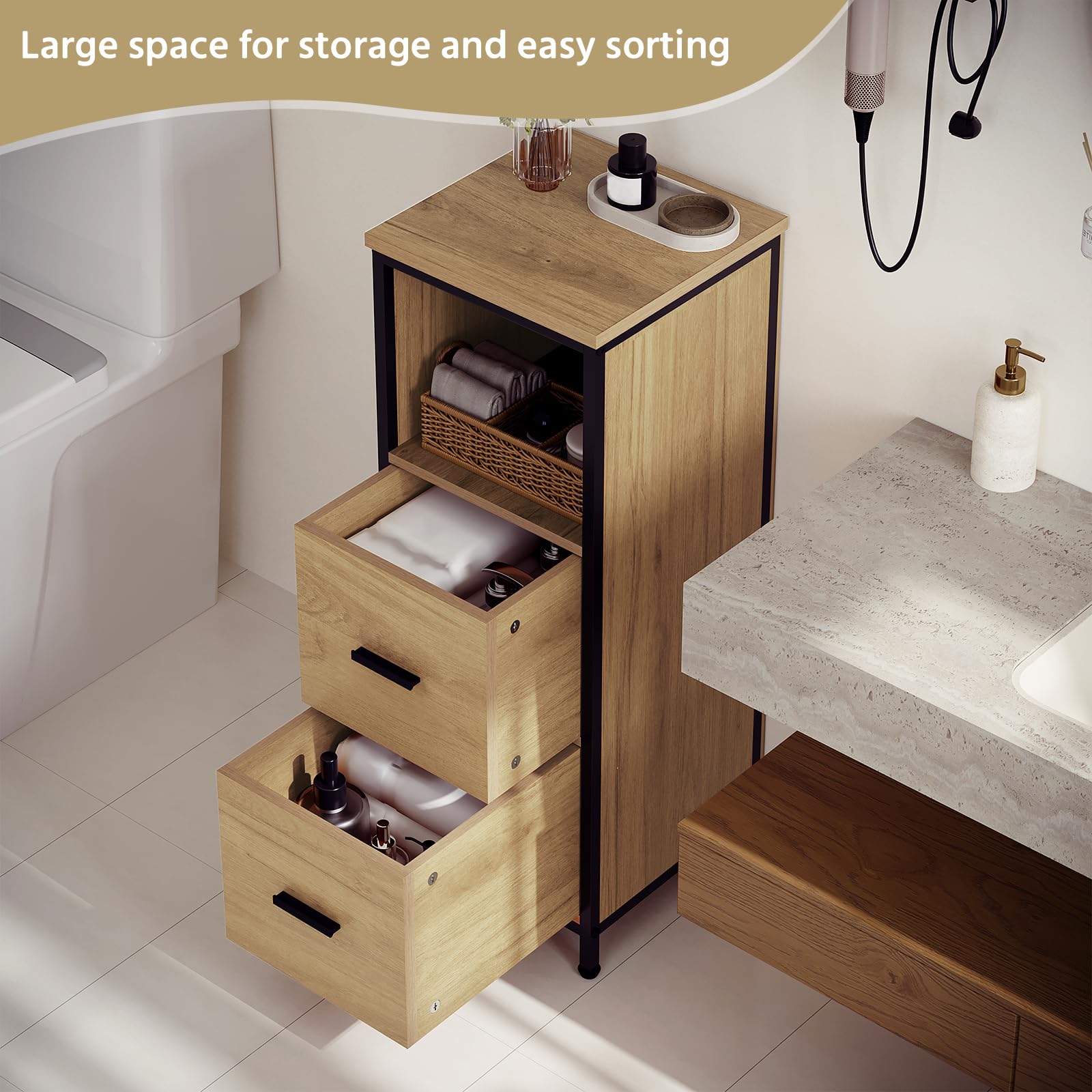 eugad-badezimmerschrank-schwarz-eiche-30x80x30-cm-2-schubladen image 5