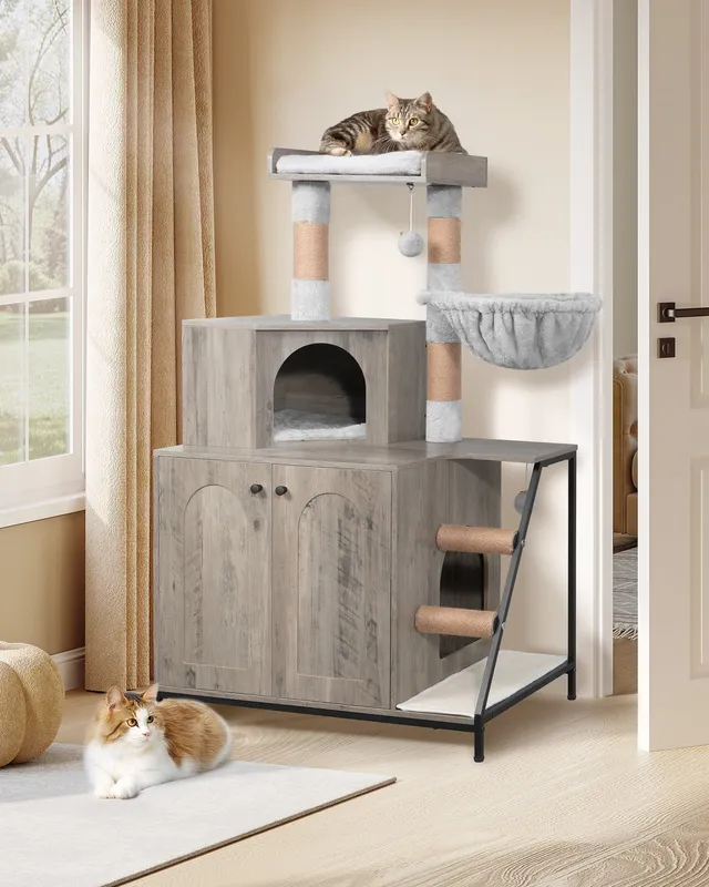 hzuaneri-pet-katzenklo-schrank-greige-4-in-1-kratzbaum image 1