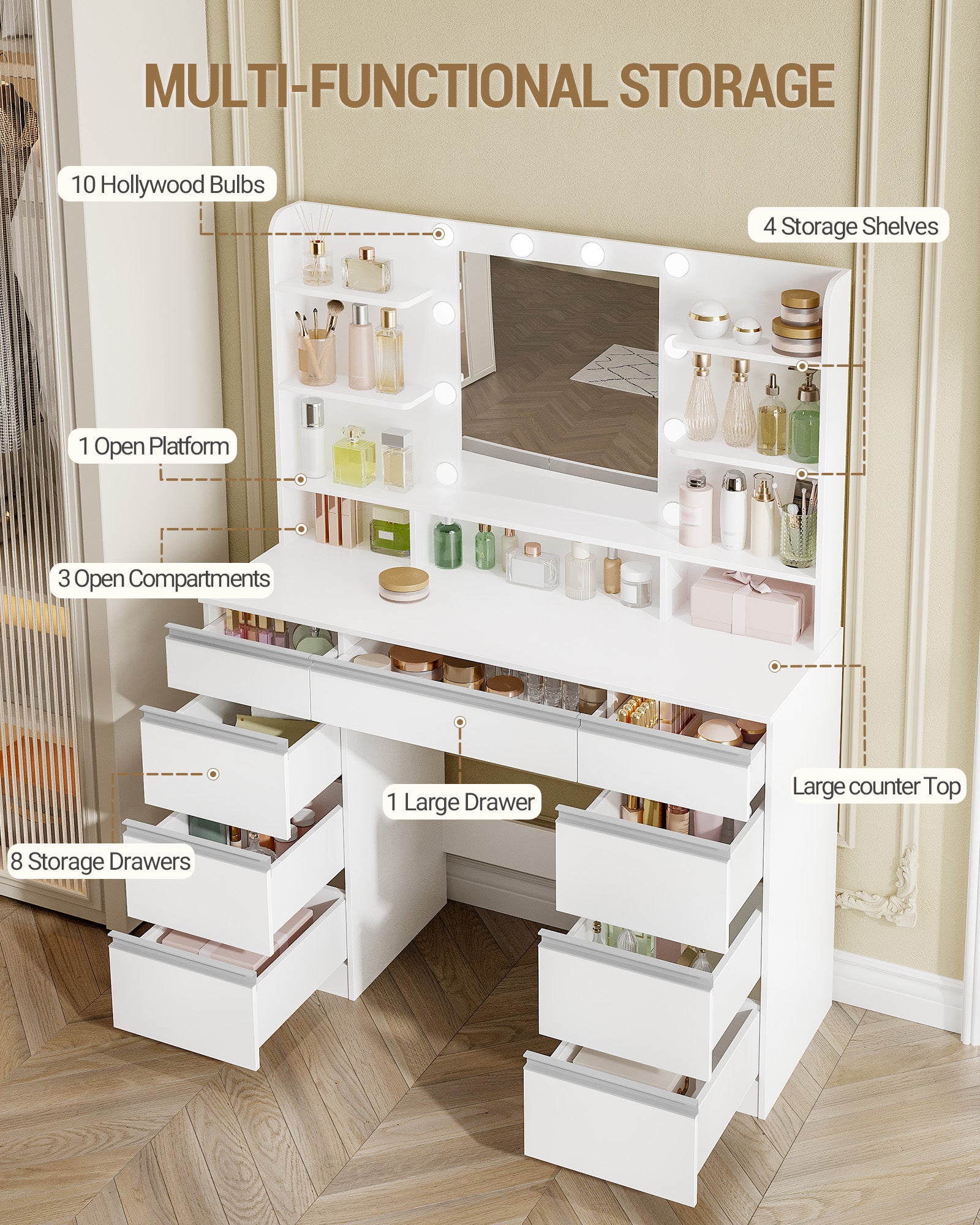 hzuaneri-bedroom-schminktisch-wei-gold-mit-spiegel-led-9-schubladen image 6