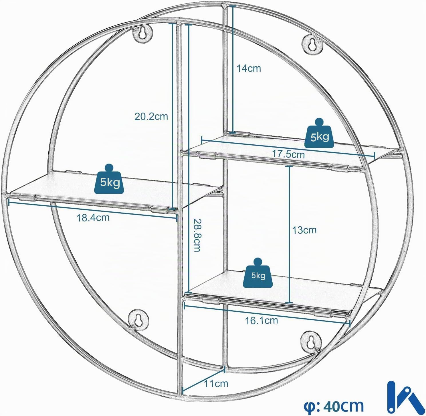 eugad-aufbewahrung-rundes-wandregal-schwarz-40-cm-3-ablagen image 3