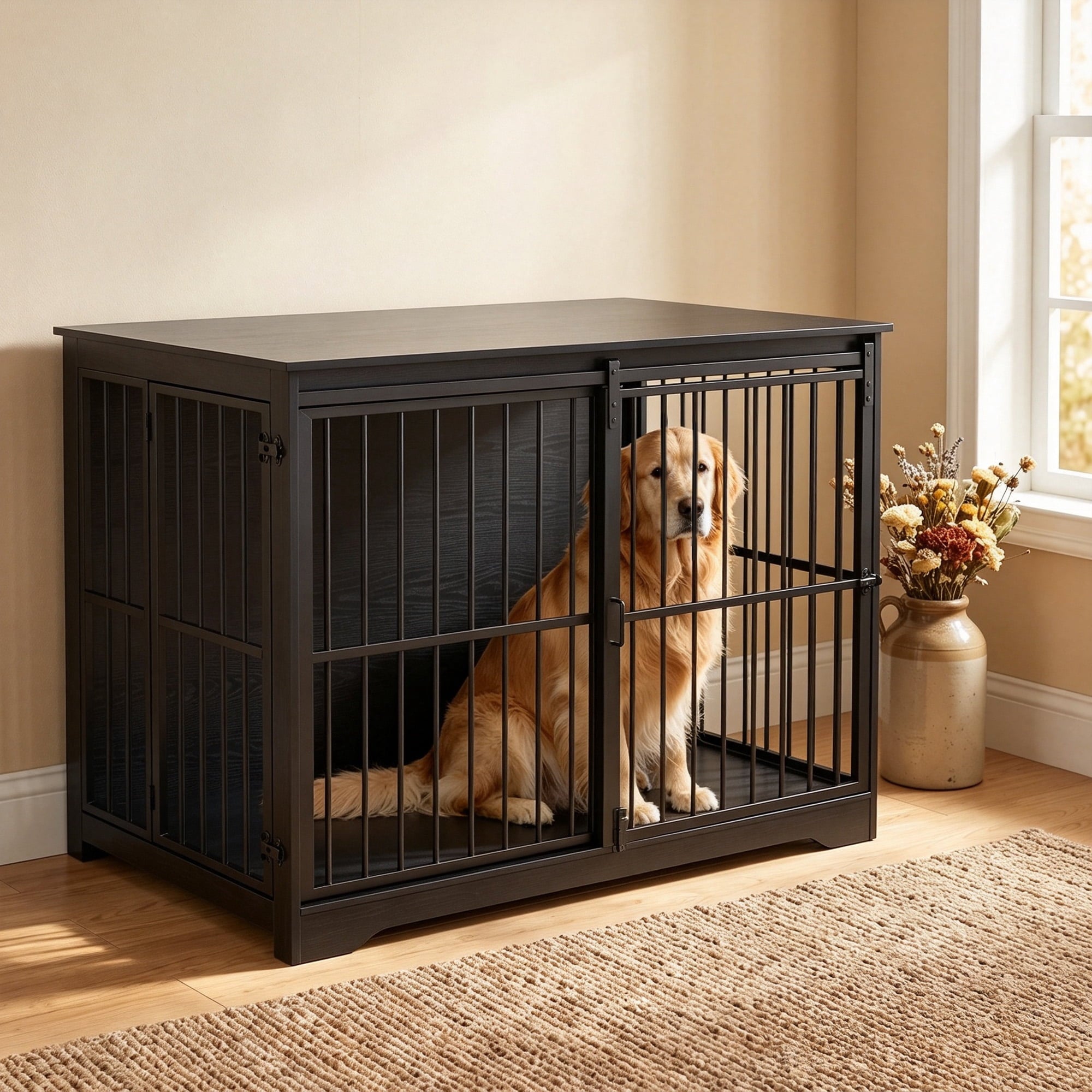 hzuaneri-hundebox-holz-xxl-schwarz-schiebet-r-119-cm image 2