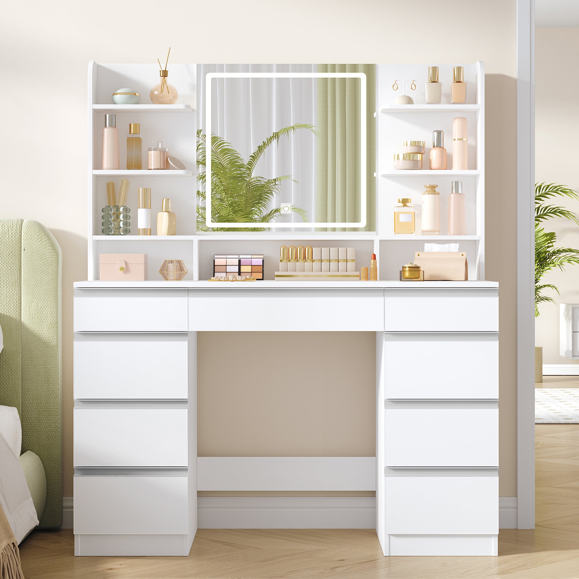 hzuaneri-bedroom-schminktisch-led-spiegel-wei-silber-9-schubladen image 2