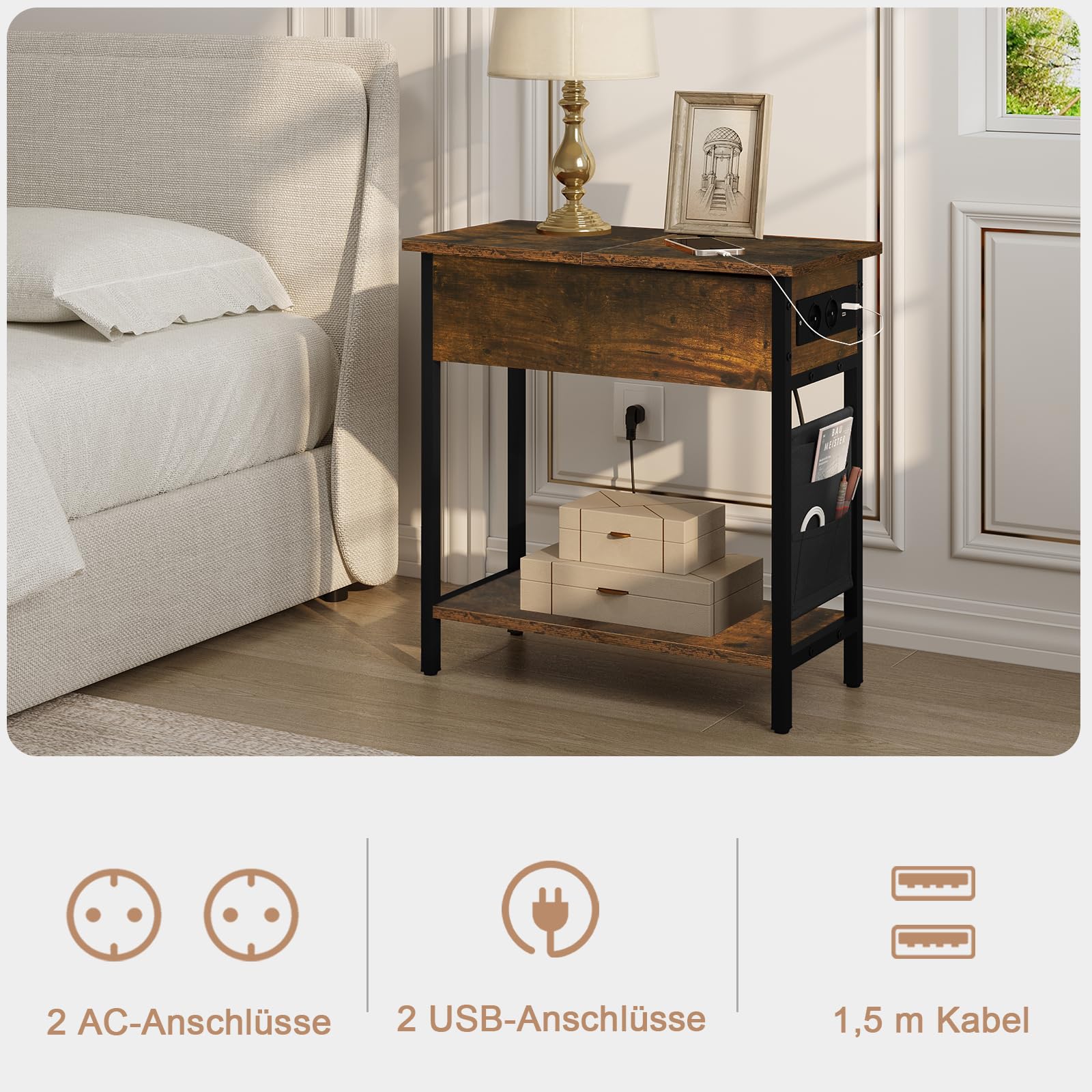 eugad-wohnaccessoires-beistelltisch-vintagebraun-mit-steckdose-usb image 5