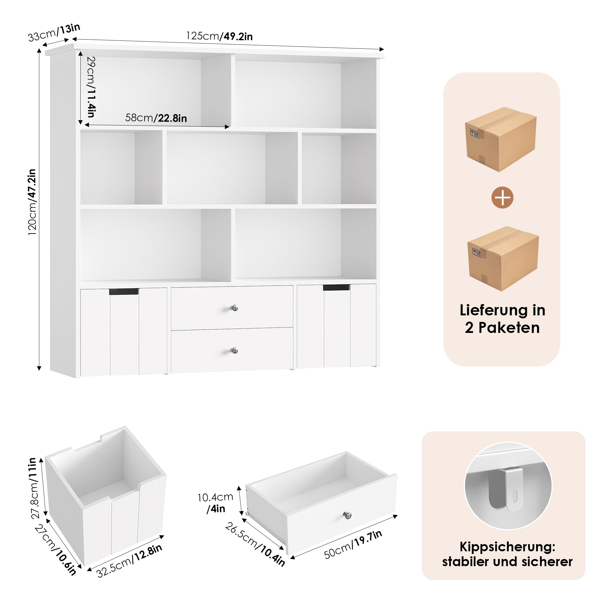 forehill-kinderregal-wei-mit-schubladen-125x33x120cm-holz image 3