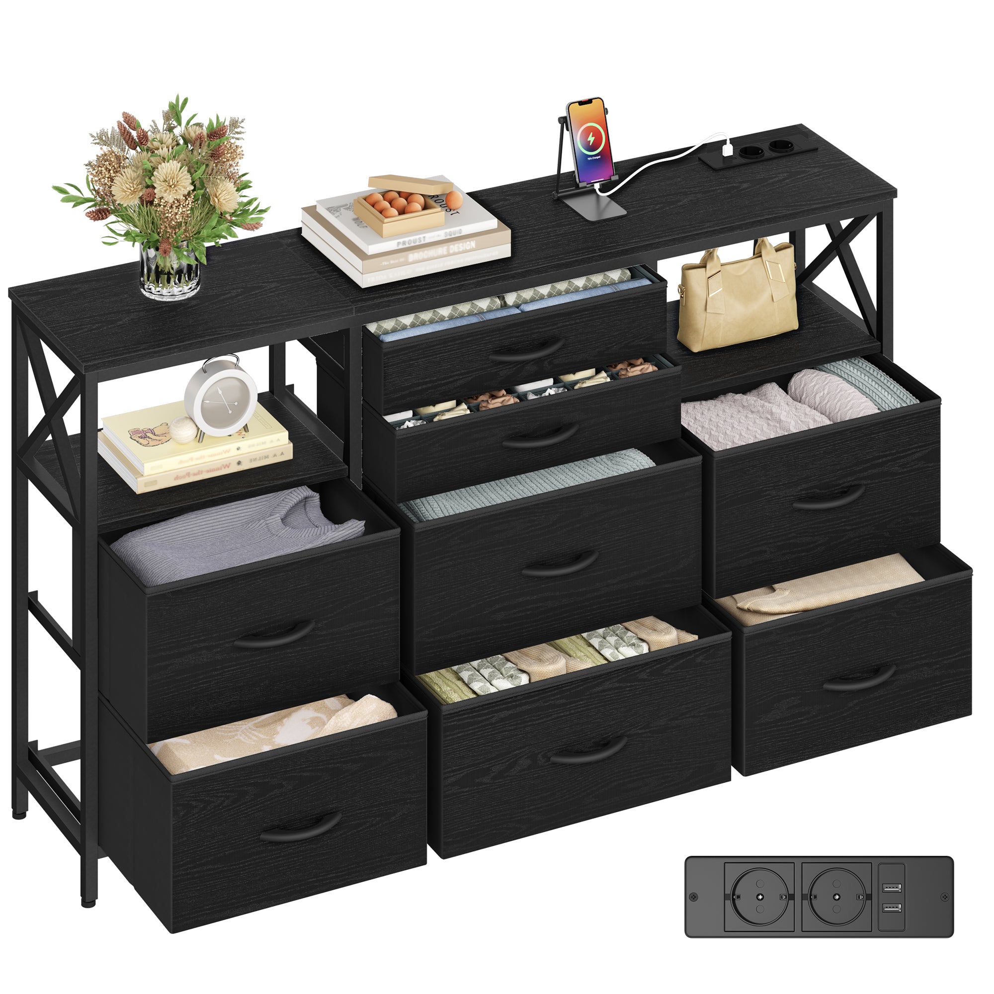 hzuaneri-bedroom-kommode-schwarz-140-cm-usb-8-stoffschubladen image 2
