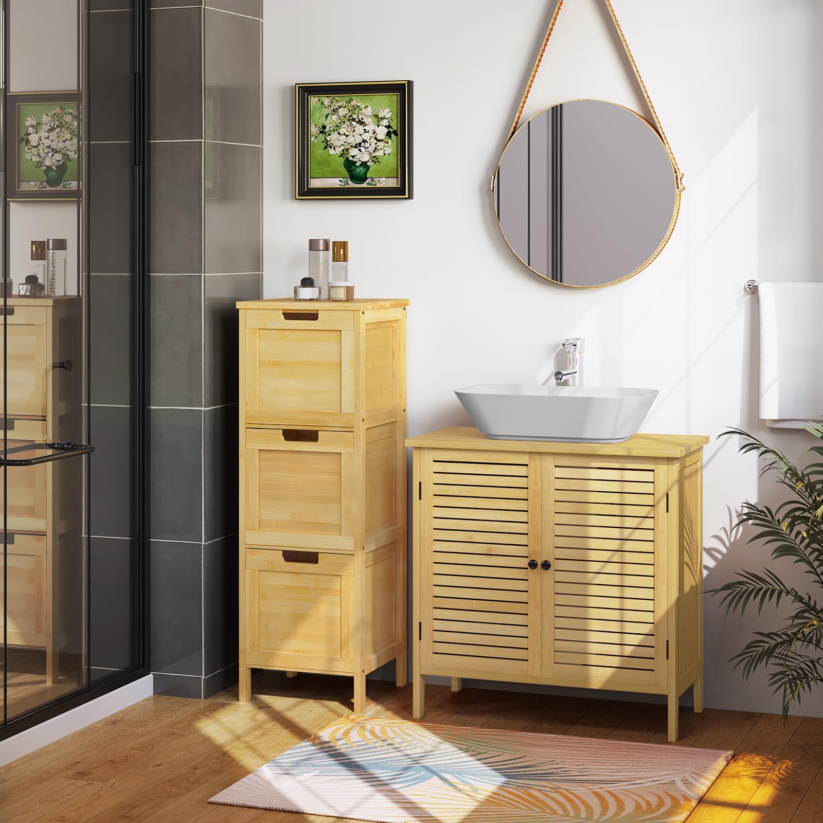 eugad-badschrank-bambus-badezimmerschrank-30x90x30-3-laden image 2