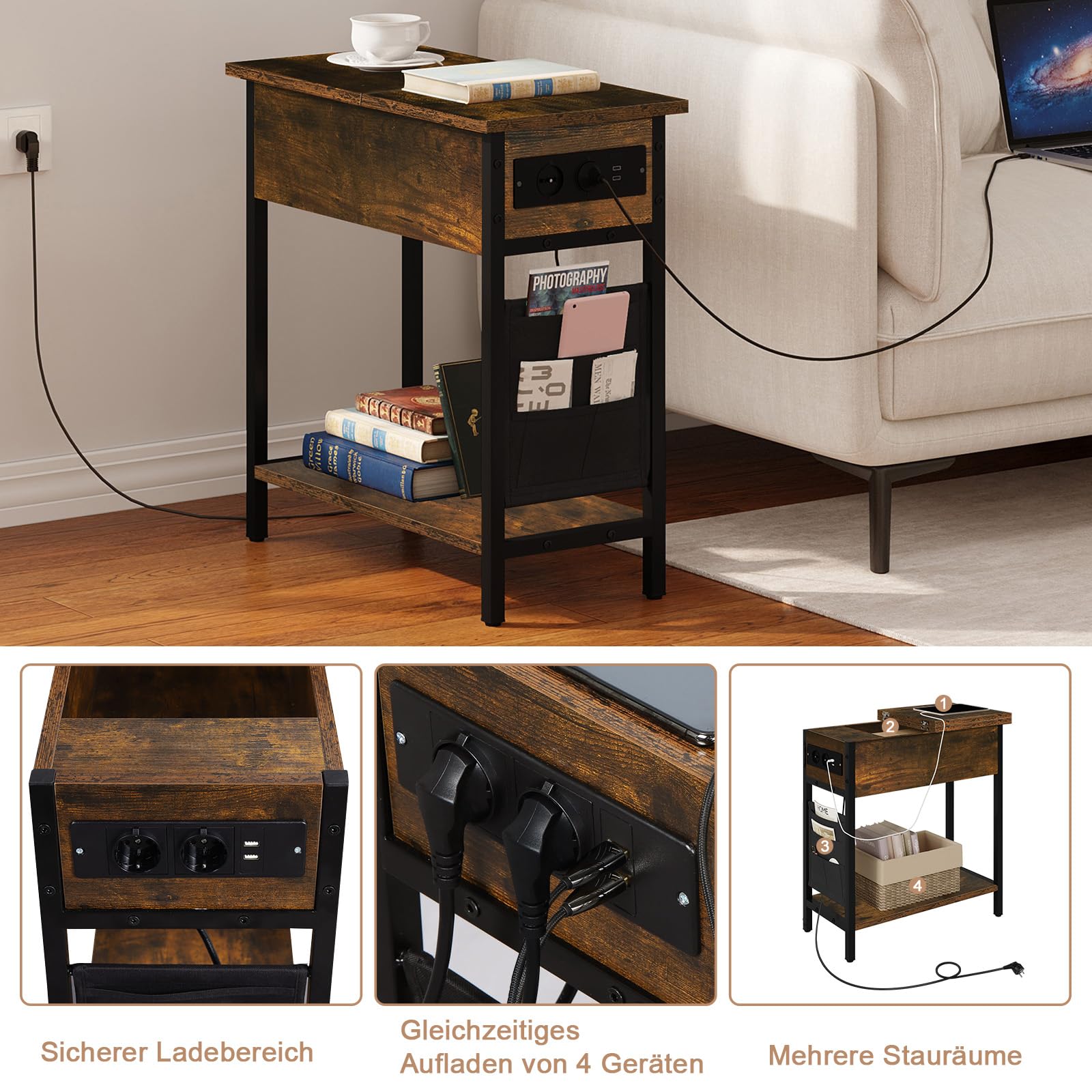 eugad-wohnaccessoires-beistelltisch-vintagebraun-mit-steckdose-usb image 4