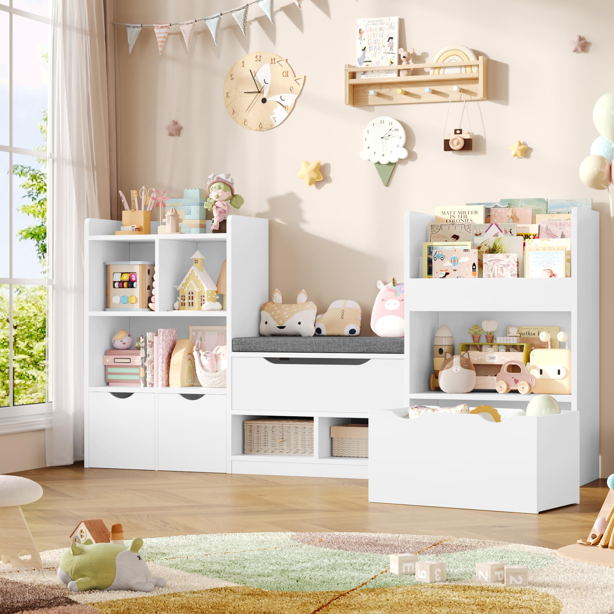 forehill-kinderregal-wei-mit-sitzbank-183-5-cm-8-in-1 image 2