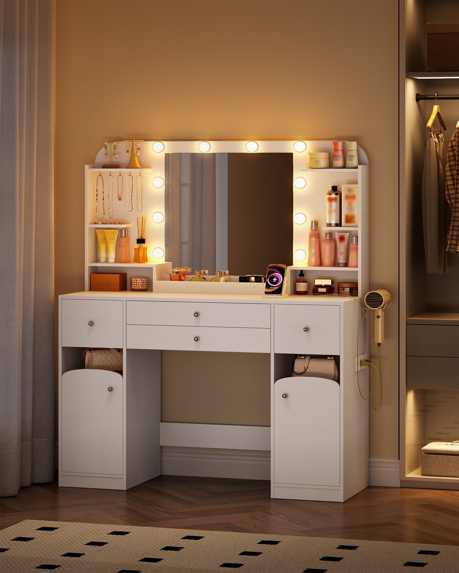 hzuaneri-bedroom-schminktisch-wei-mit-led-spiegel-4-schubladen image 3