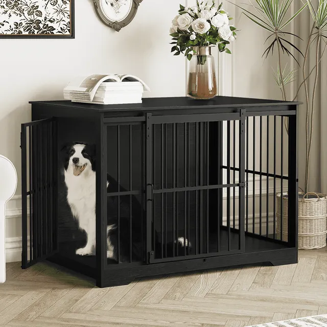 hzuaneri-pet-hundebox-m-bel-44-zoll-schwarz-hundek-fig-holz-tv-board image 1